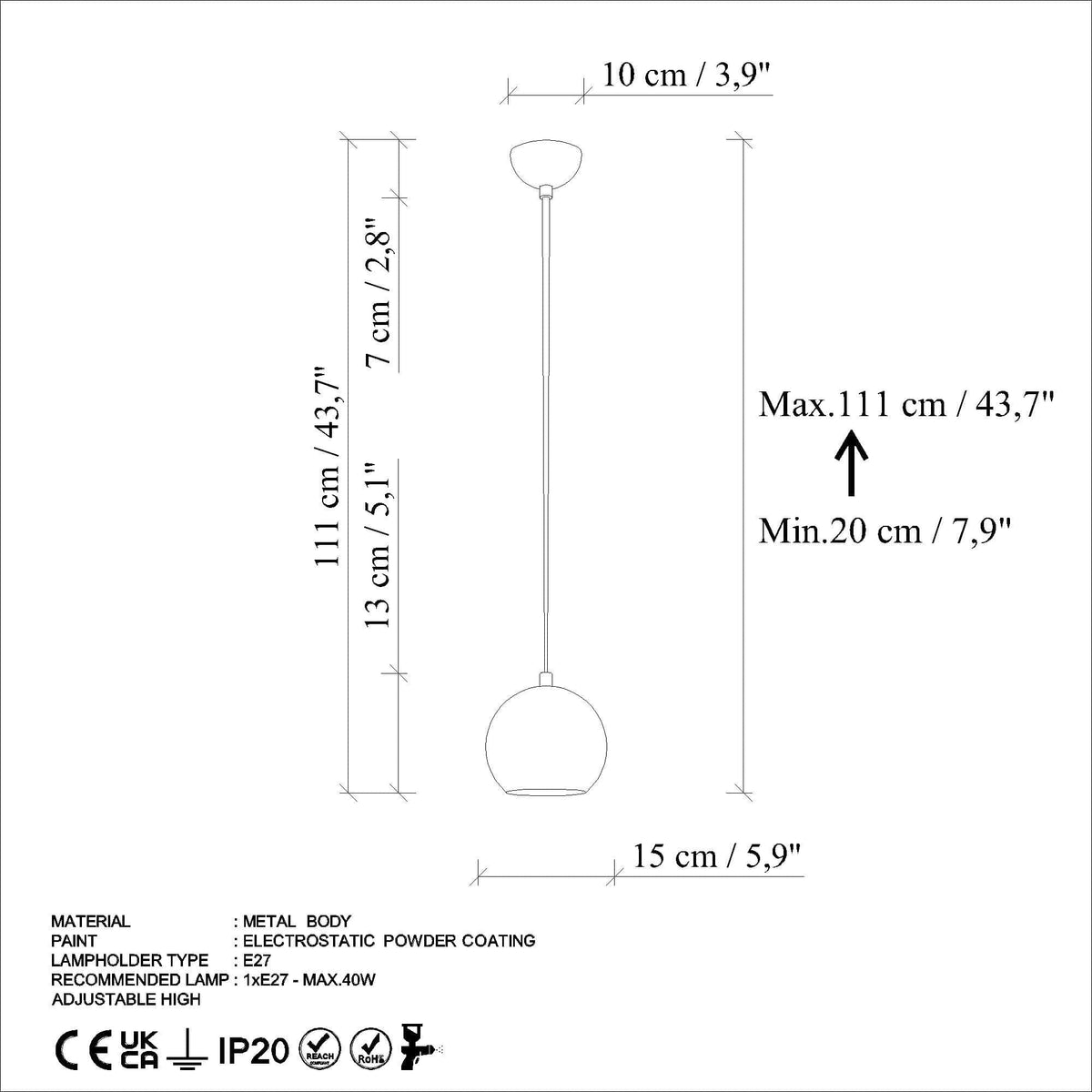 Lustra TOP, portocaliu, metal, 15x20-111 cm