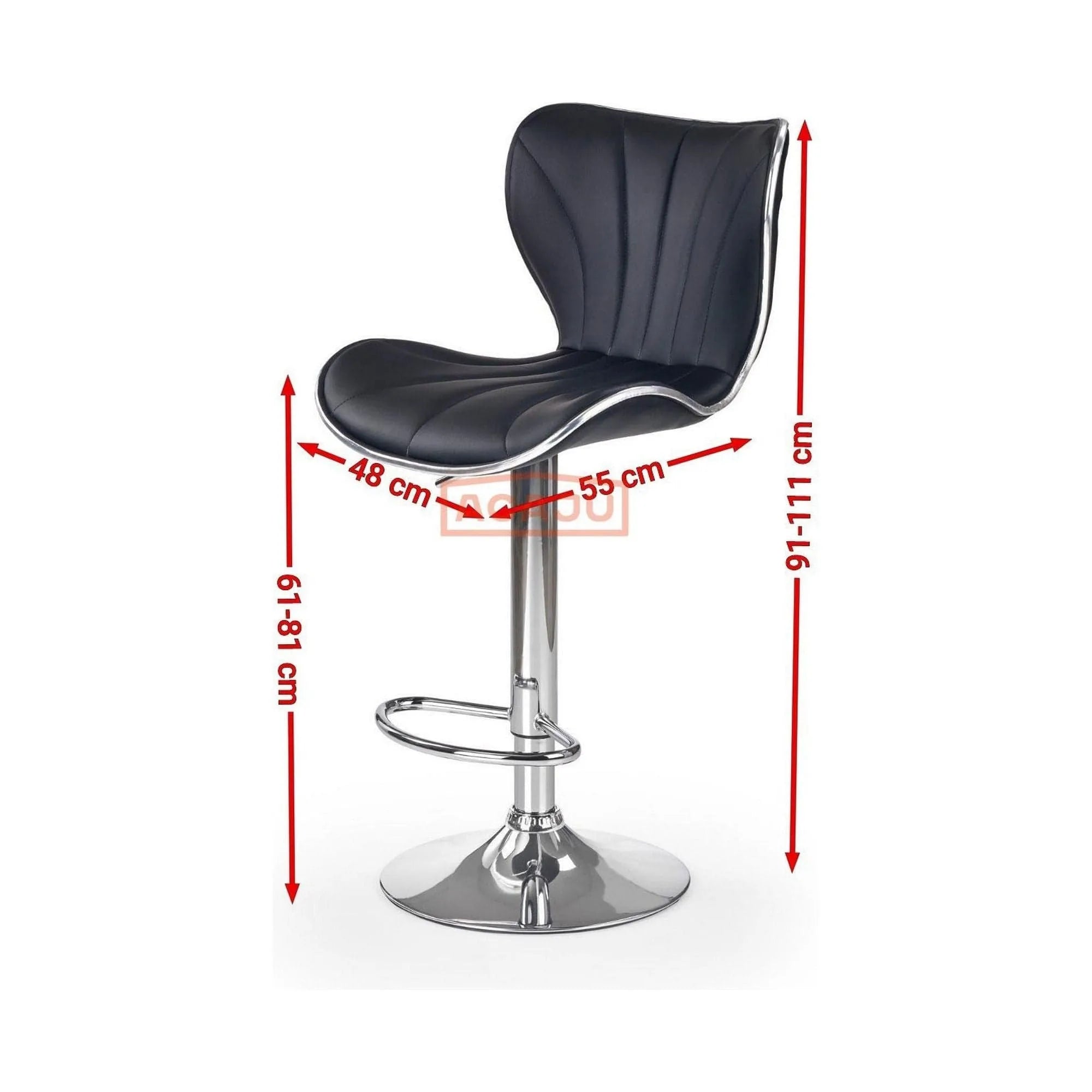 Scaun bar H69, negru/crom, piele ecologica/otel, 48x55x91/111 cm