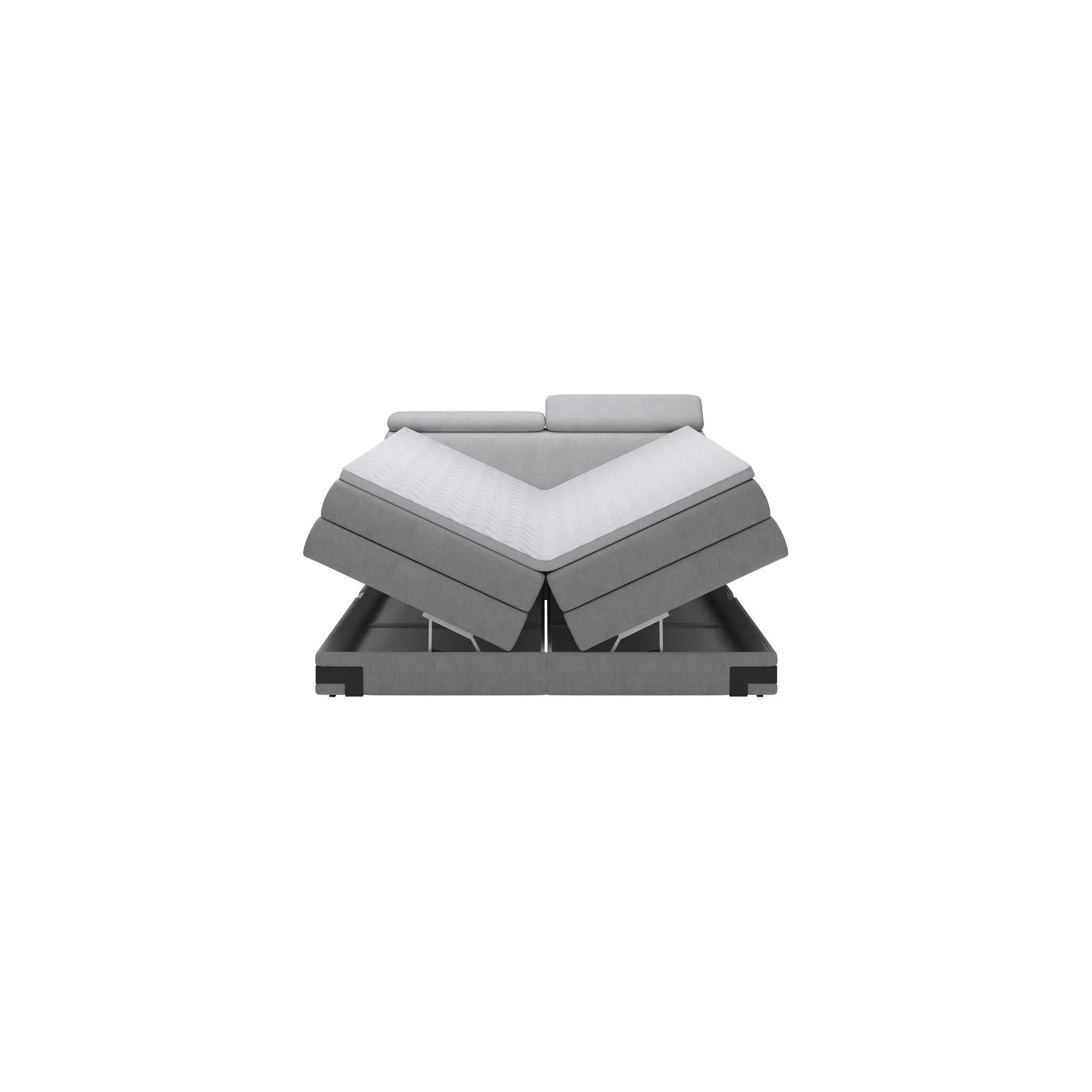 Pat boxspring KANO 140x200, personalizabil materiale gama Oferta Avantaj, cu saltea, topper, tetiere reglabile si 2 spatii pentru depozitare