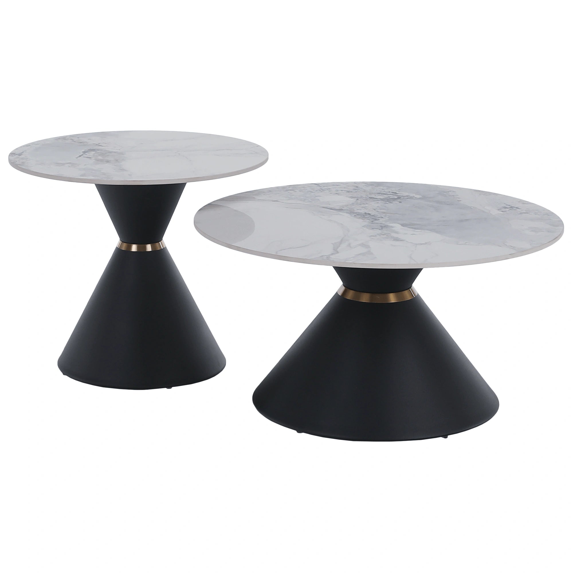 Set 2 masute cafea MABUZ NEW, alb cu efect de marmura/negru, piatra/metal
