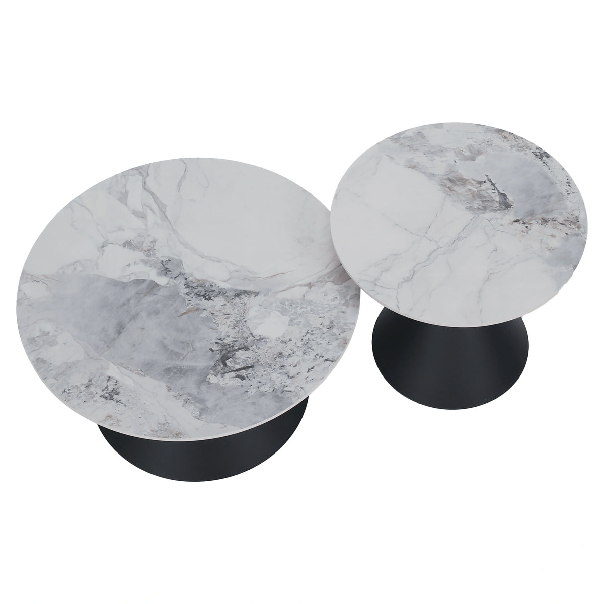 Set 2 masute cafea MABUZ NEW, alb cu efect de marmura/negru, piatra/metal