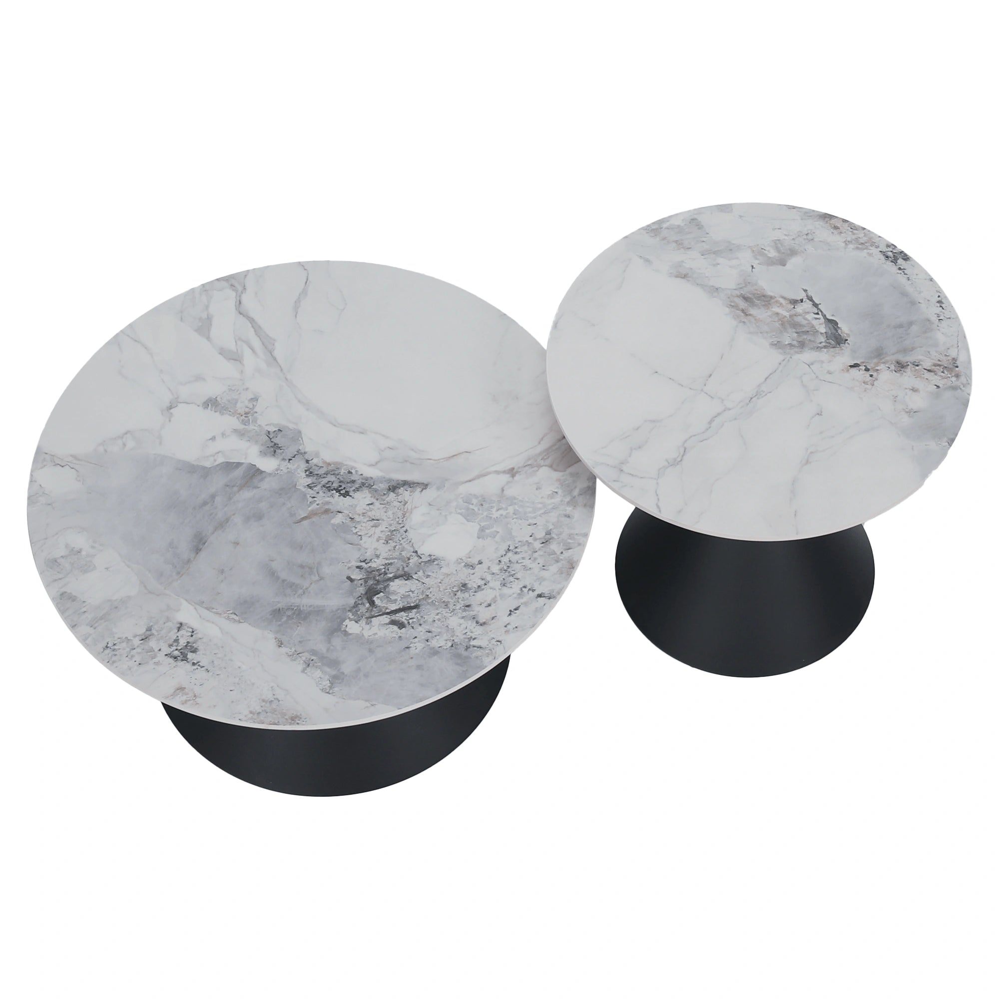 Set 2 masute cafea MABUZ NEW, alb cu efect de marmura/negru, piatra/metal