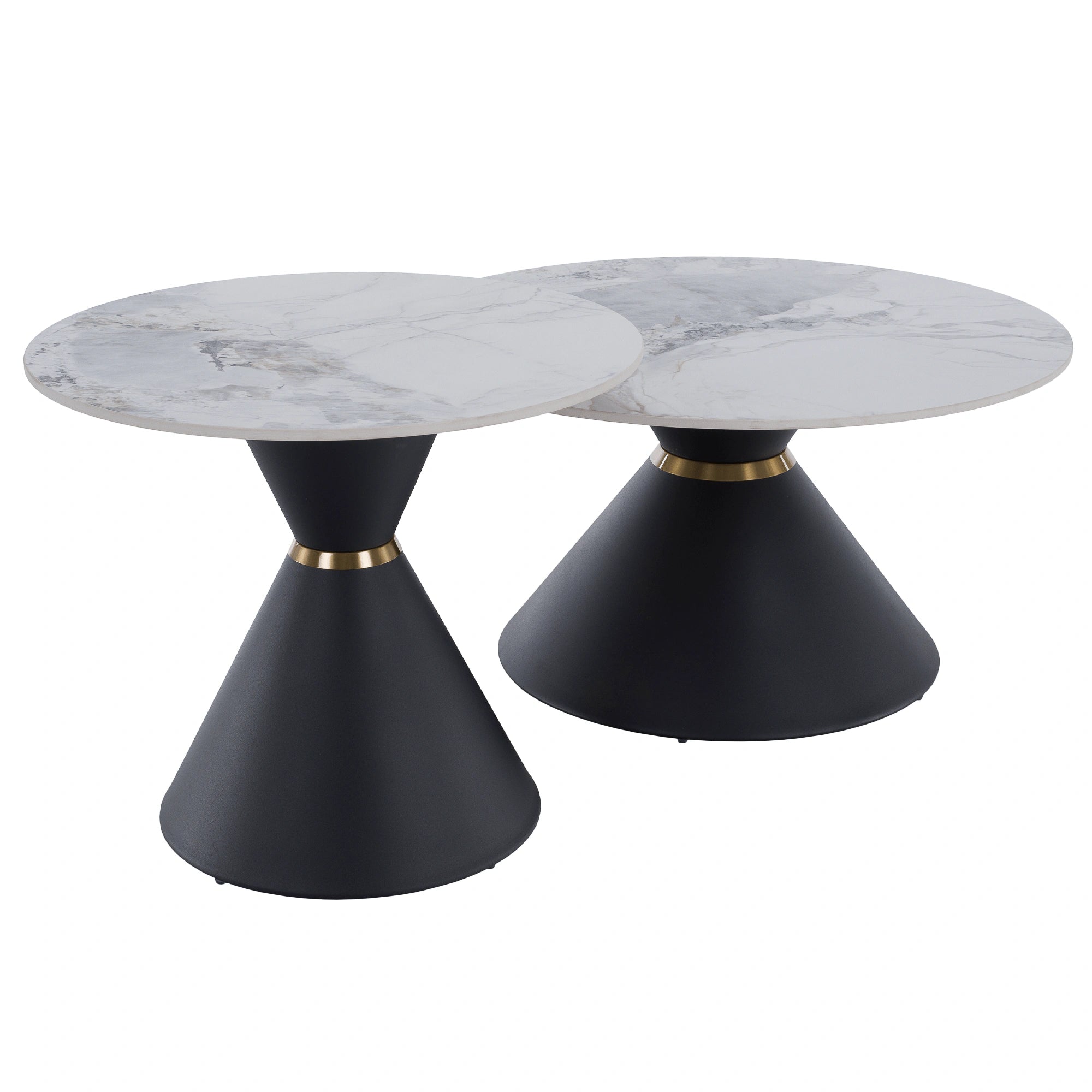 Set 2 masute cafea MABUZ NEW, alb cu efect de marmura/negru, piatra/metal