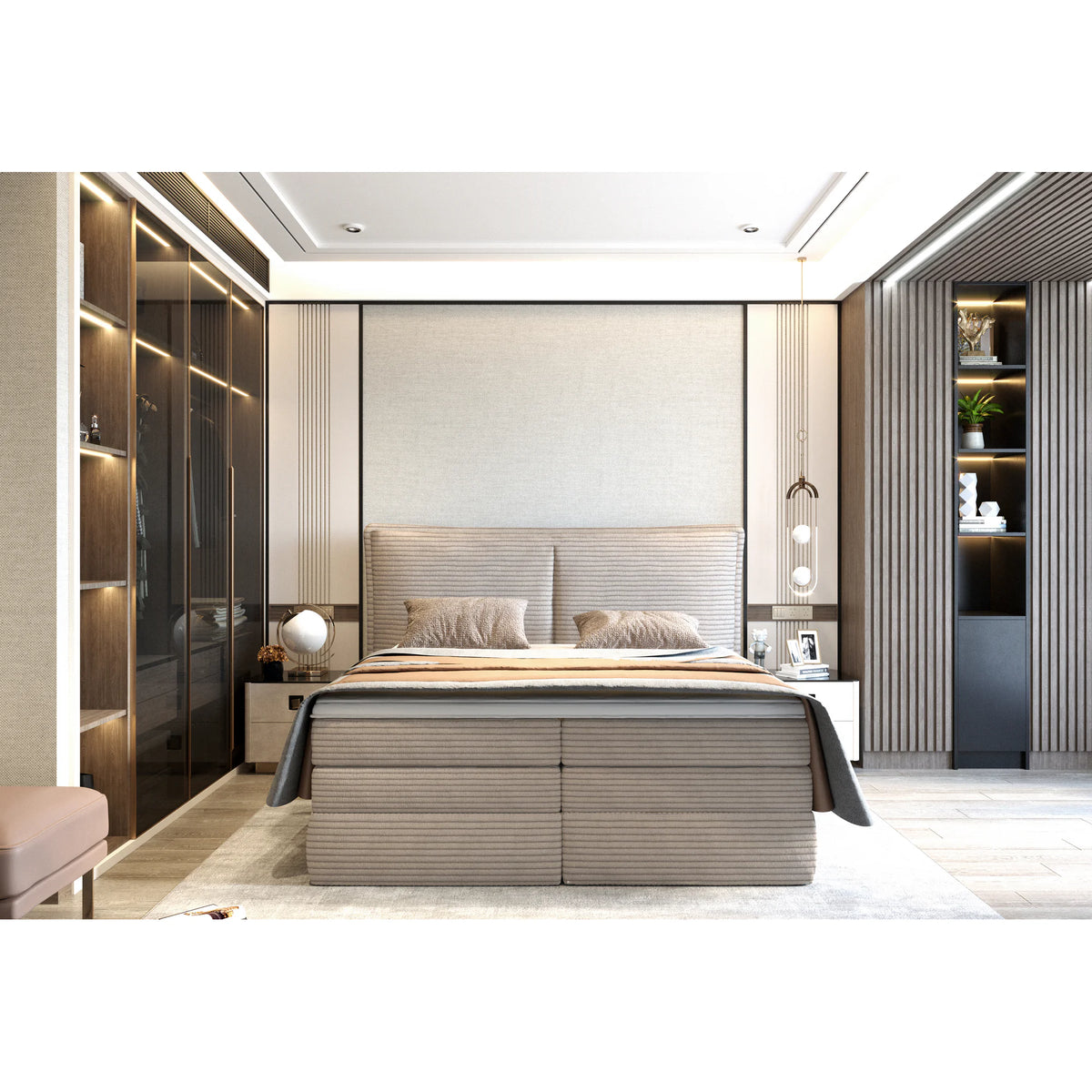Pat boxspring MADDEN 160x200, personalizabil materiale Gama Premium, 2 lazi depozitare, cu saltele si topper