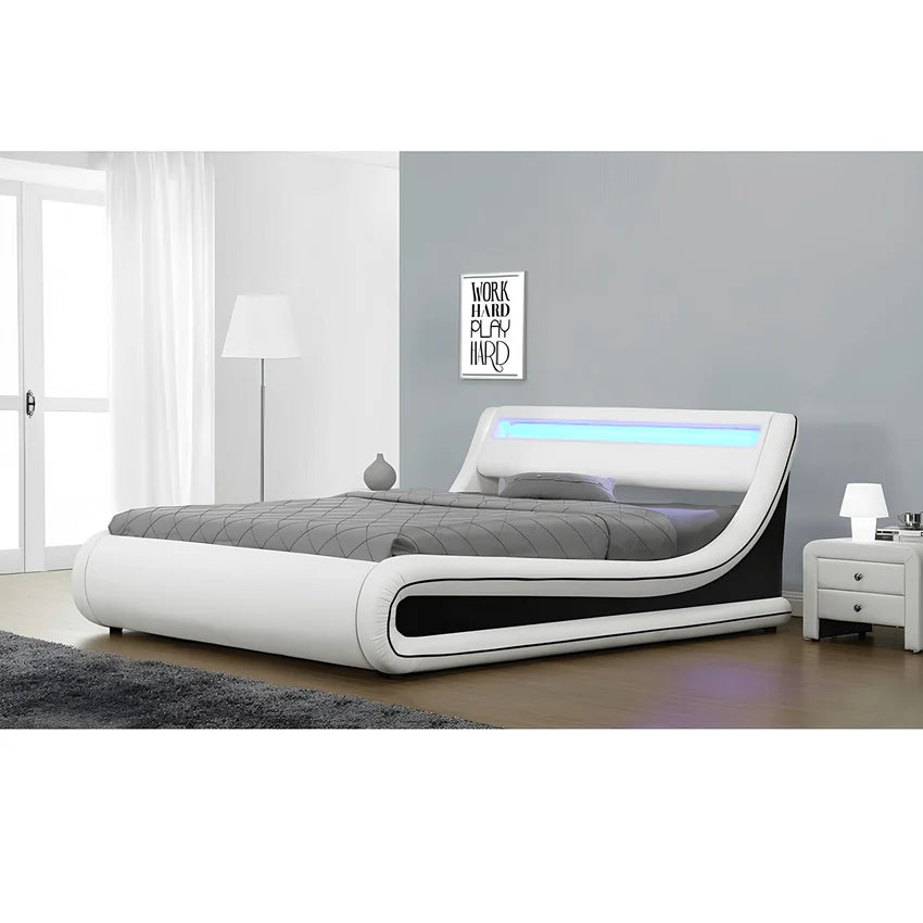 Pat MANILA NEW 180x200, alb/negru, PAL/piele ecologica, cu iluminare LED RGB, somiera si lada pentru depozitare