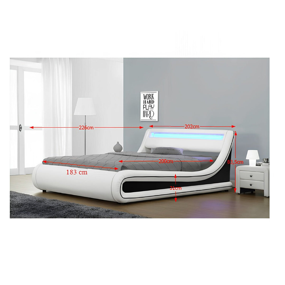 Pat MANILA NEW 180x200, alb/negru, PAL/piele ecologica, cu iluminare LED RGB, somiera si lada pentru depozitare