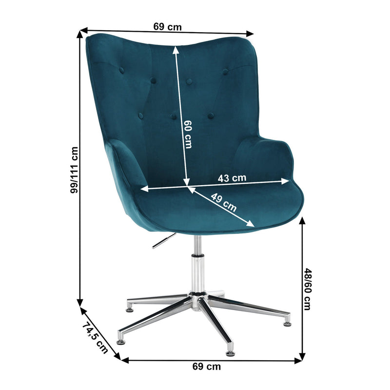 Scaun birou MARLOV, albastru petrol, stofa catifelata/crom, 69x75x99/111 cm