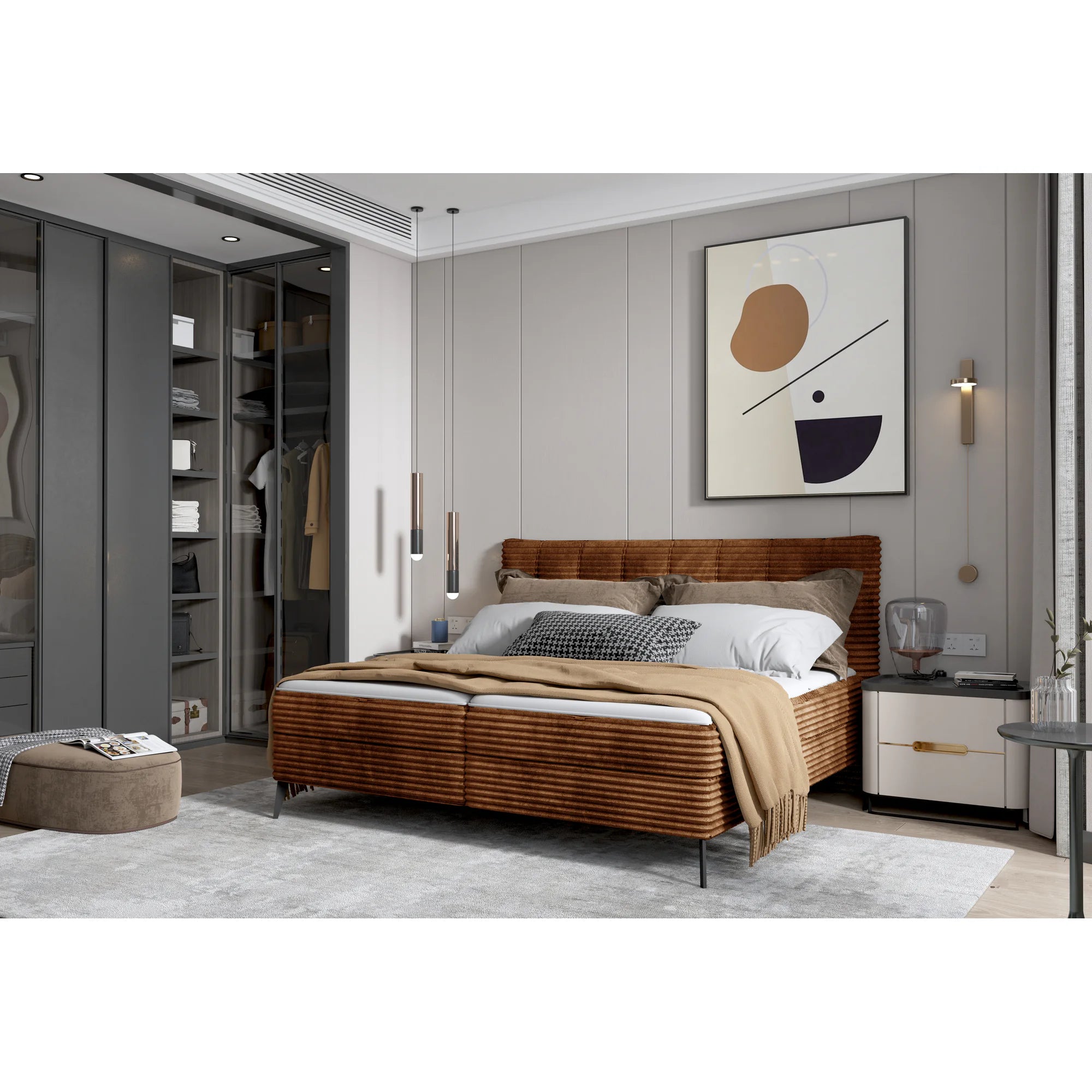 Pat boxspring MARTINA 160x200, personalizabil materiale Gama Premium, cu saltea, topper si lada depozitare