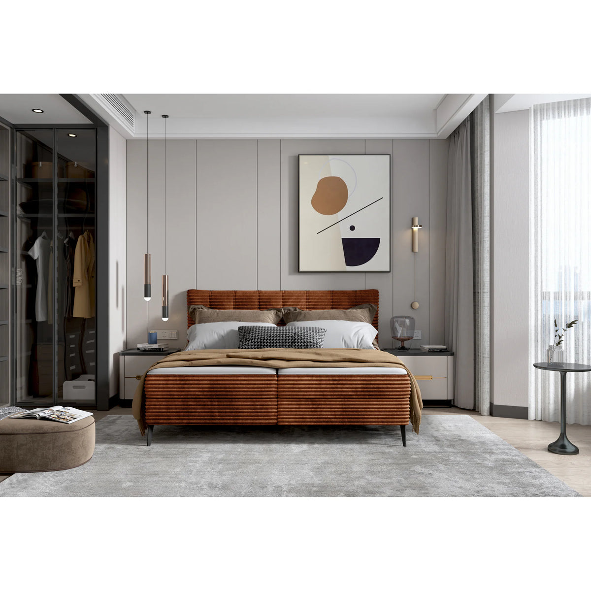 Pat boxspring MARTINA 180x200, personalizabil materiale Gama Premium, cu saltea, topper si lada depozitare