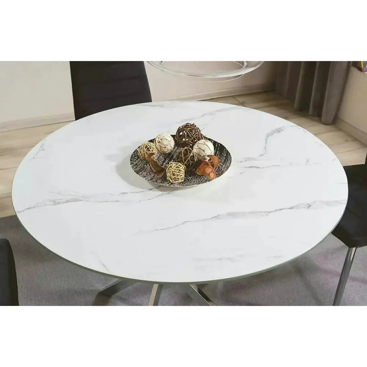 Masa AGIS, alb cu efect de marmura, sticla/metal, 90x90x73 cm