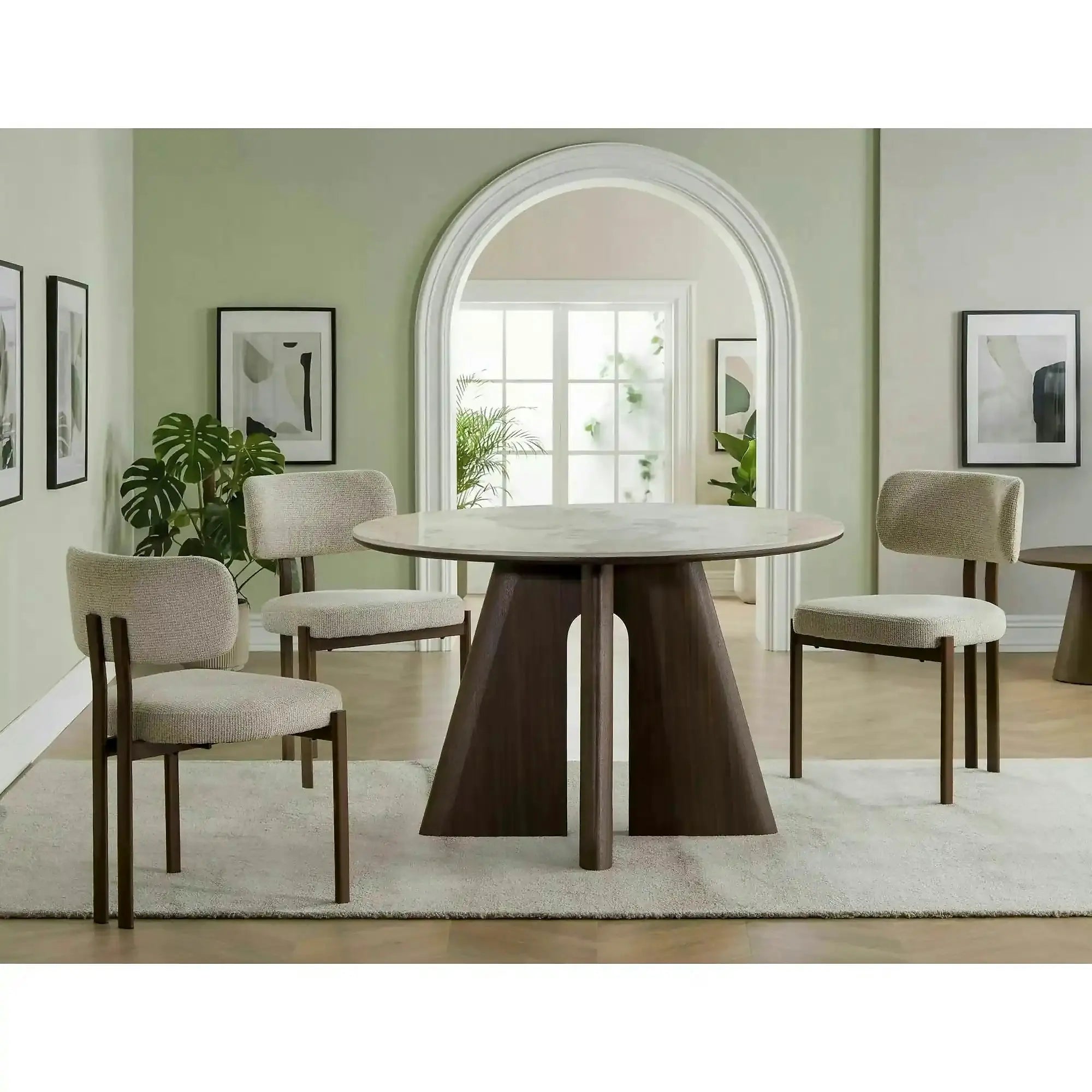 Masă ALZANO, alb lucios/nuc, ceramică/furnir/MDF, Ø120x77 cm