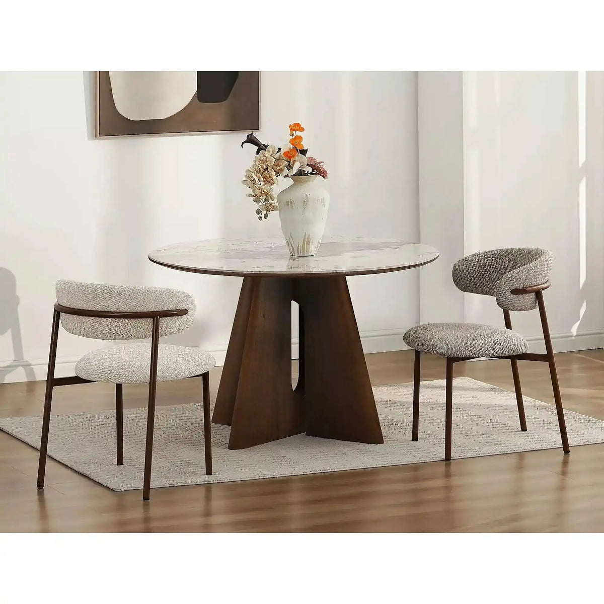 Masă ALZANO, alb lucios/nuc, ceramică/furnir/MDF, Ø120x77 cm