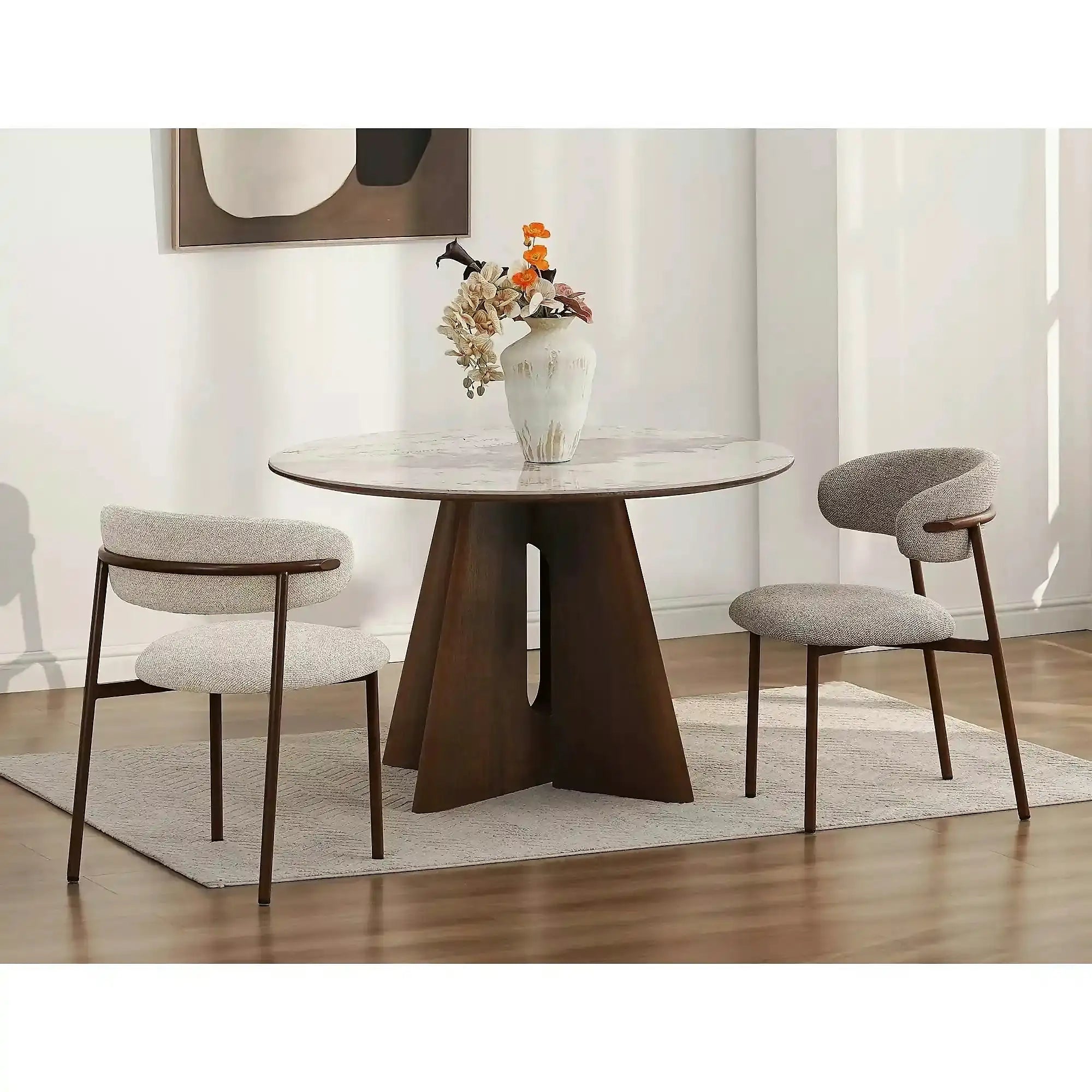 Masă ALZANO, alb lucios/nuc, ceramică/furnir/MDF, Ø120x77 cm
