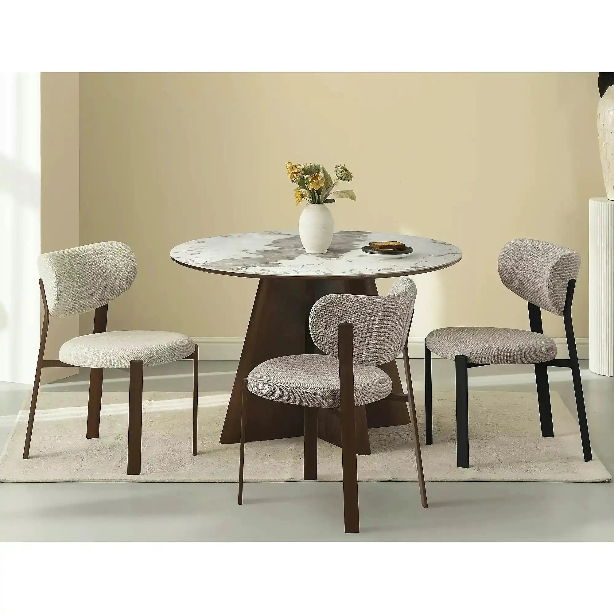 Masă ALZANO, alb lucios/nuc, ceramică/furnir/MDF, Ø120x77 cm