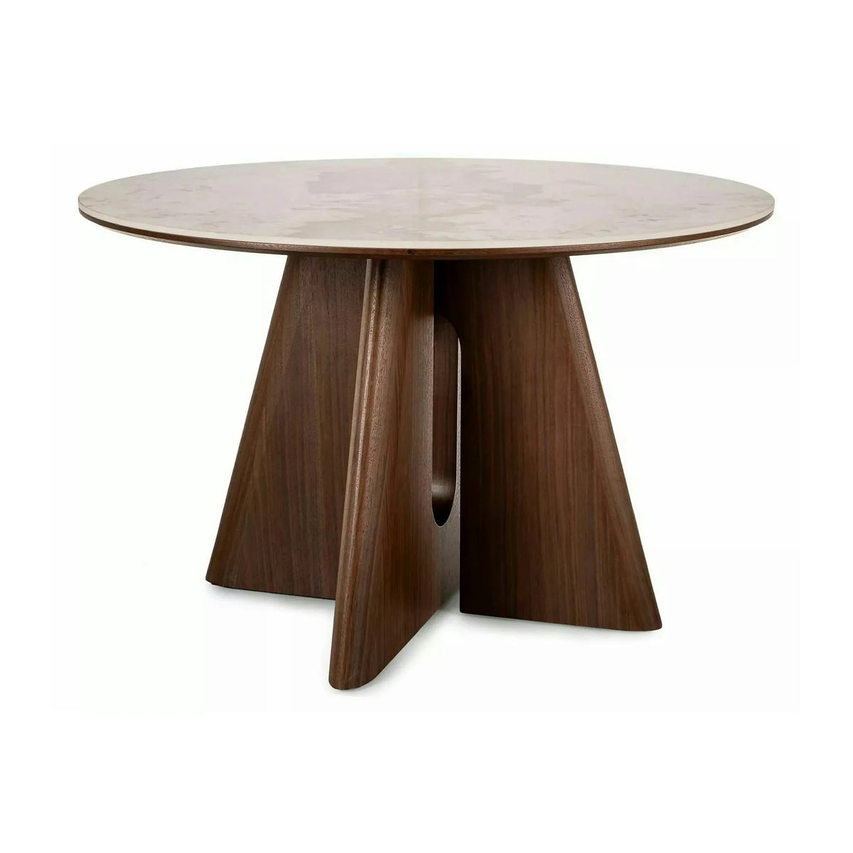 Masă ALZANO, alb lucios/nuc, ceramică/furnir/MDF, Ø120x77 cm