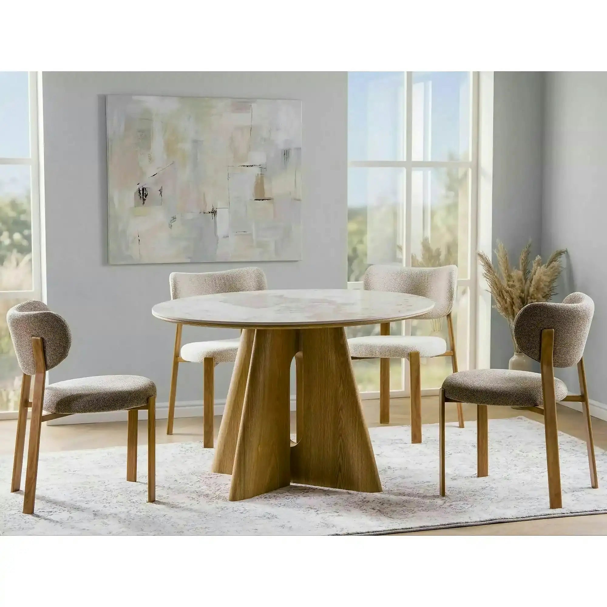Masă ALZANO, alb lucios/stejar, ceramică/furnir/MDF, Ø120x77 cm