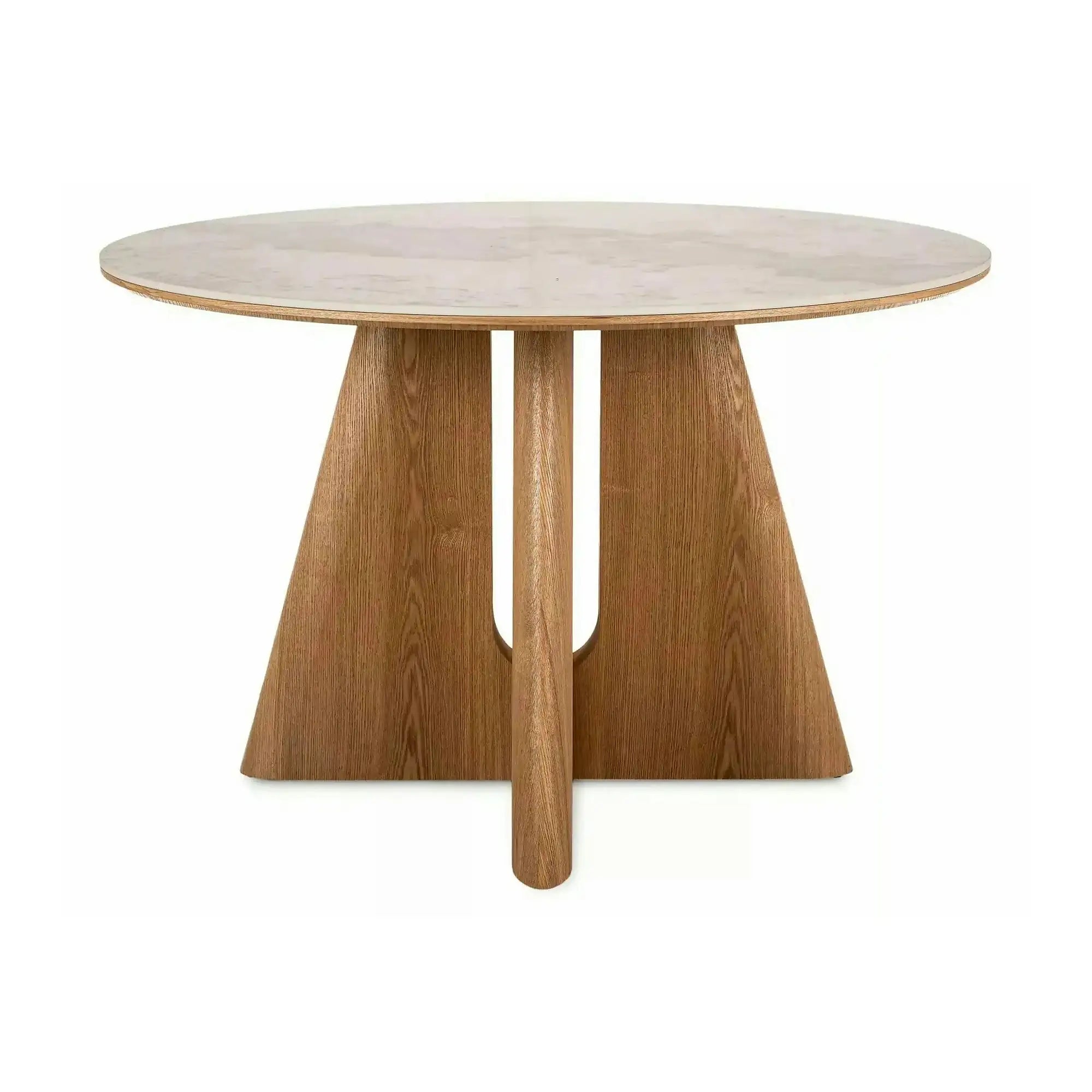 Masă ALZANO, alb lucios/stejar, ceramică/furnir/MDF, Ø120x77 cm