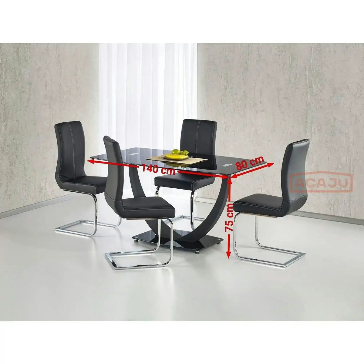 Masa ANTON, negru transparent/negru, sticla/metal, 140x80x75 cm