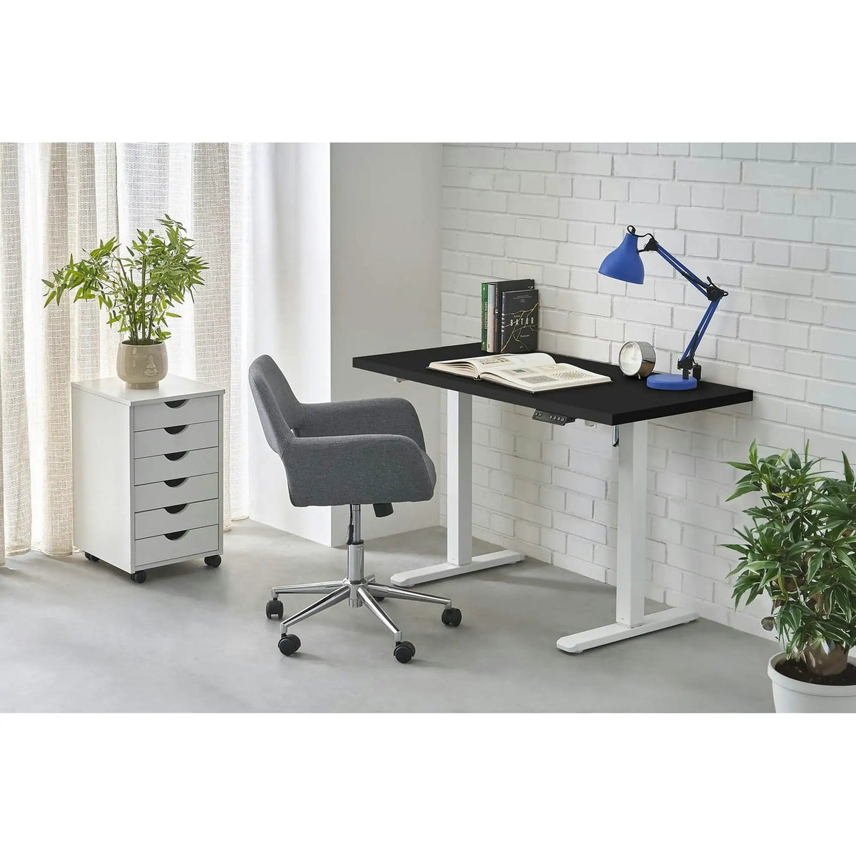 Masa birou B54, negru/alb, PAL laminat/otel, 120x60x75-120 cm