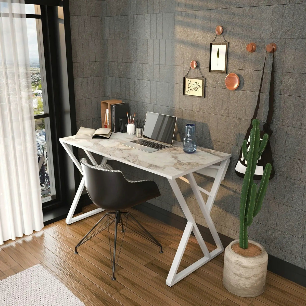 Masa birou GYZA, alb cu efect de marmura, alb, PAL melaminat, 120x60x75 cm