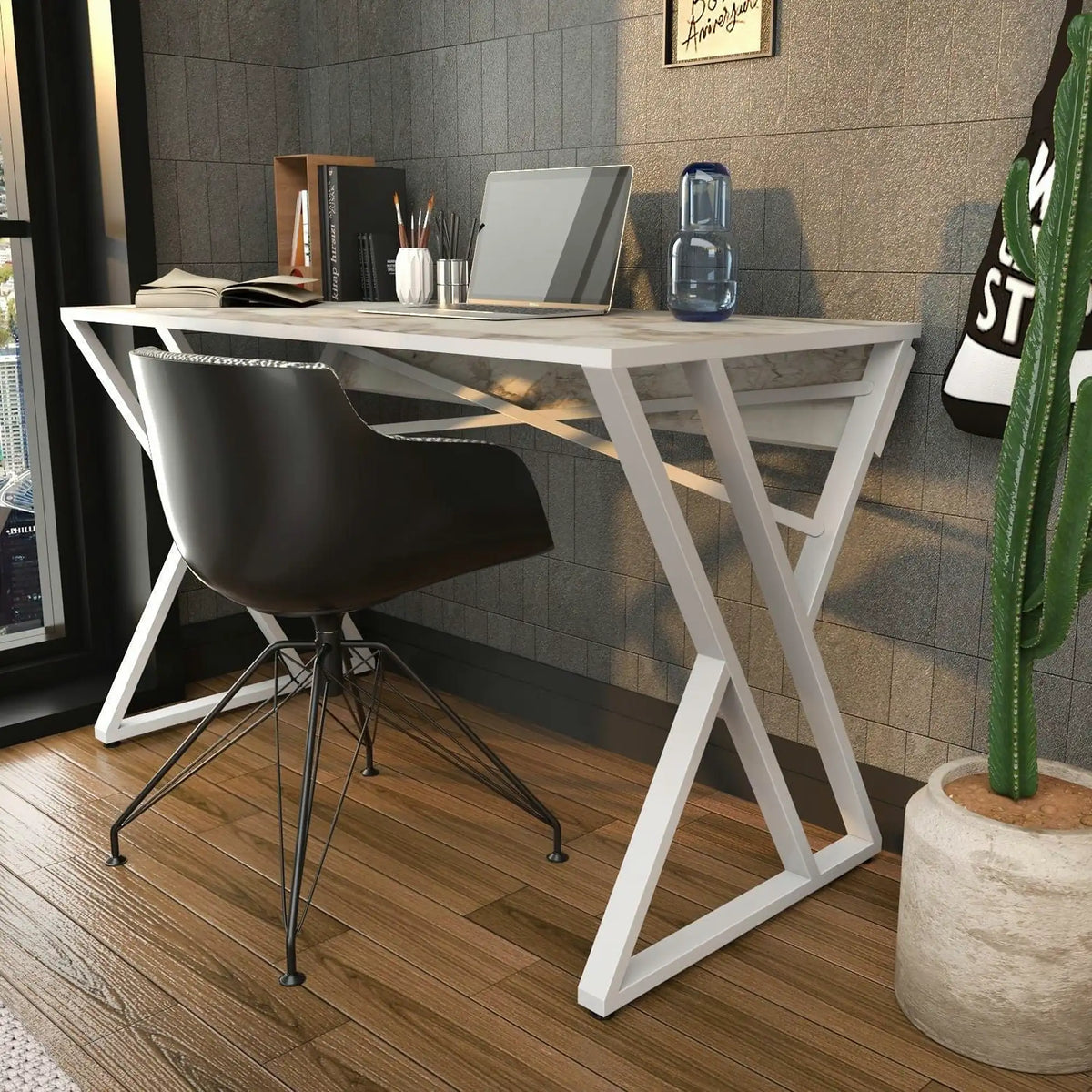 Masa birou GYZA, alb cu efect de marmura, alb, PAL melaminat, 120x60x75 cm