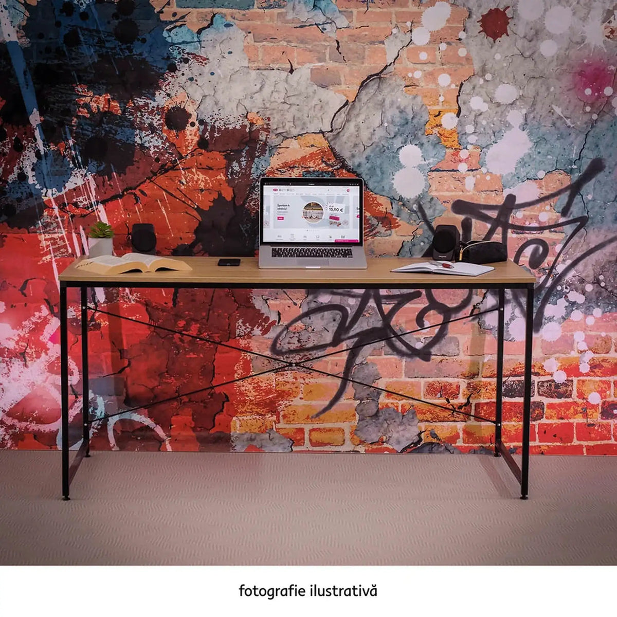 Masa birou MELLORA, stejar/negru, PAL laminat/metal, 120x60x72 cm