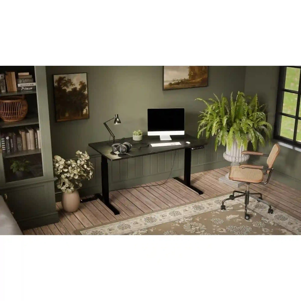 Masa birou MOON, negru cu imprimeu marmura, inaltime reglabila, 150x80x72-120 cm