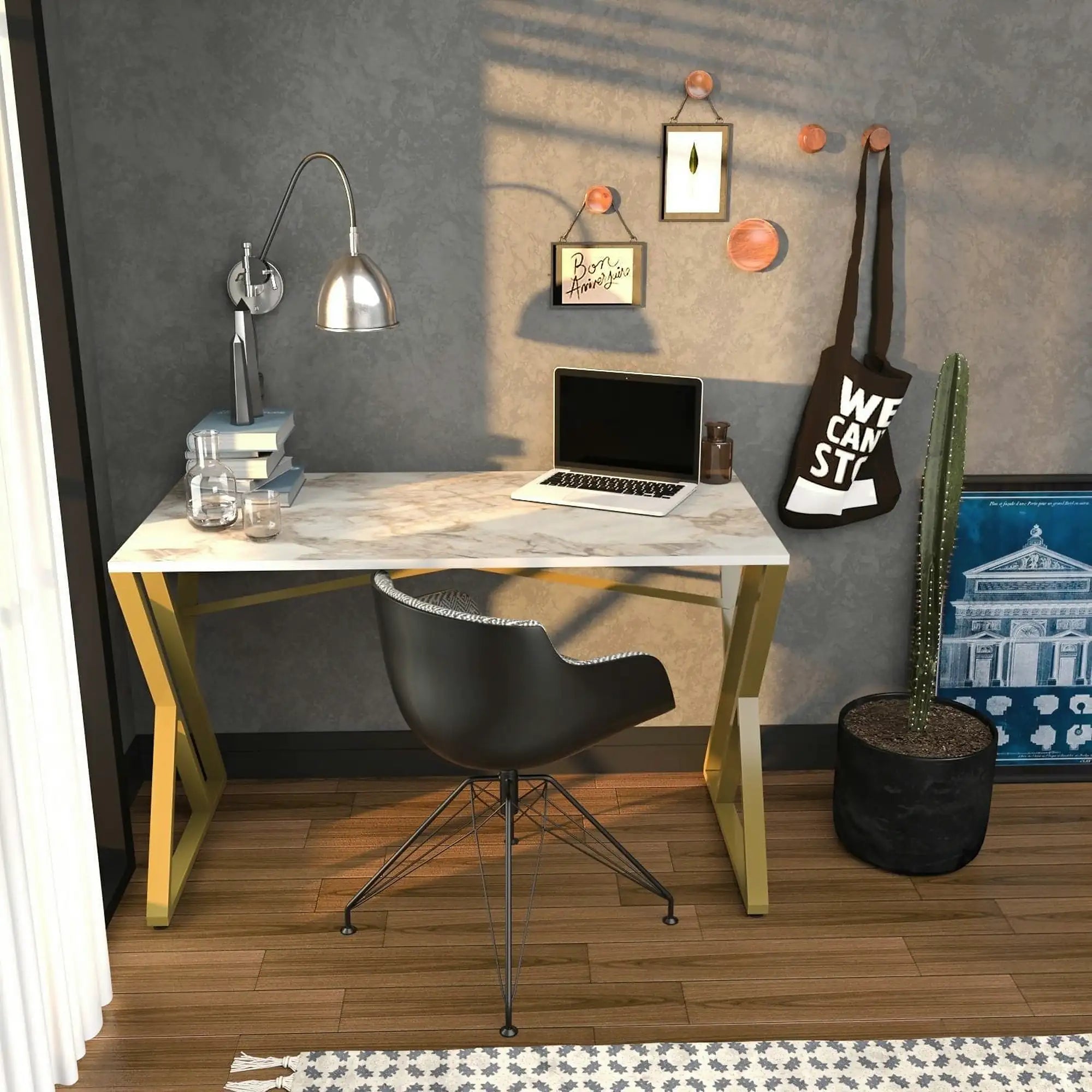 Masa birou pentru calculator GYZA, alb cu efect de marmura/auriu, PAL melaminat, 120x60x75 cm