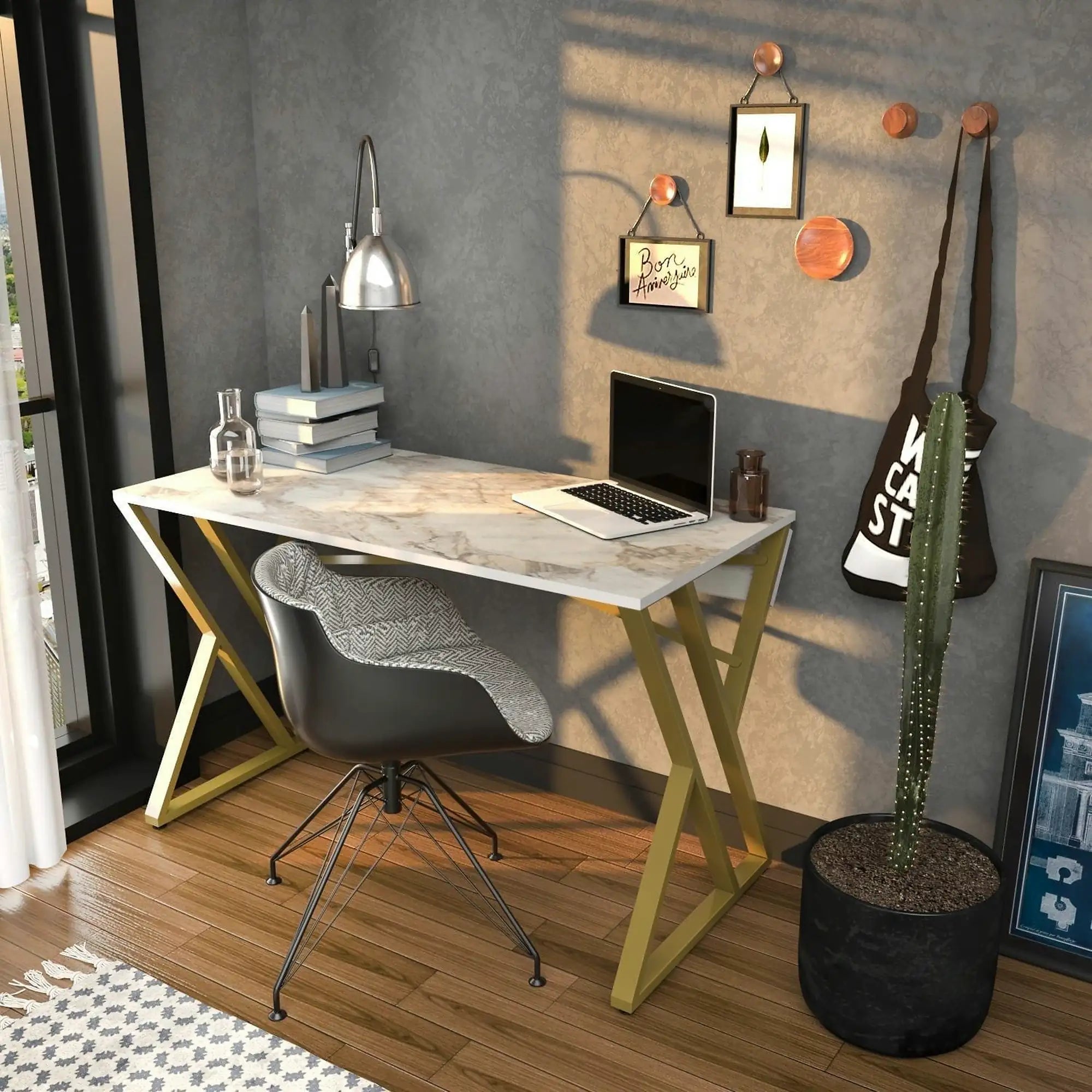 Masa birou pentru calculator GYZA, alb cu efect de marmura/auriu, PAL melaminat, 120x60x75 cm