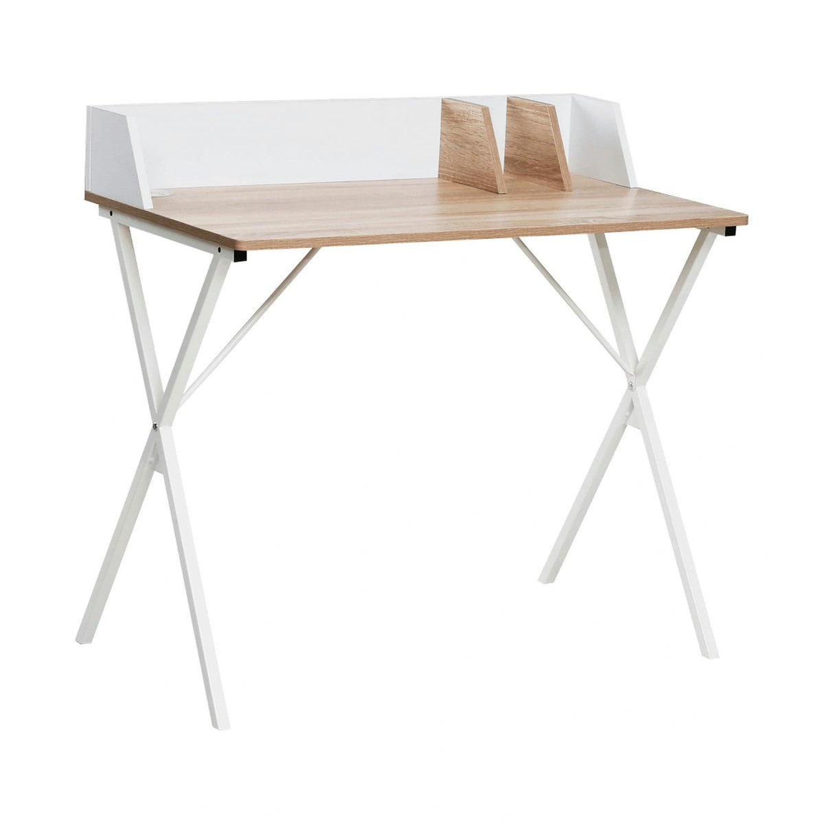 Masa birou PSALMO, alb/stejar, DTD laminat/metal, 90x50x85 cm