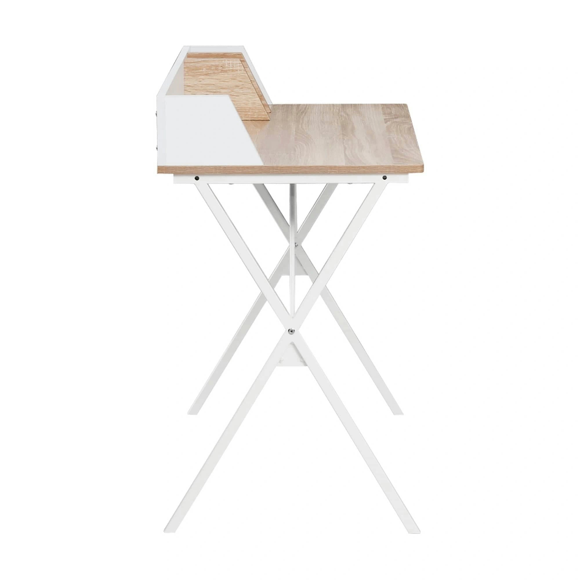 Masa birou PSALMO, alb/stejar, DTD laminat/metal, 90x50x85 cm