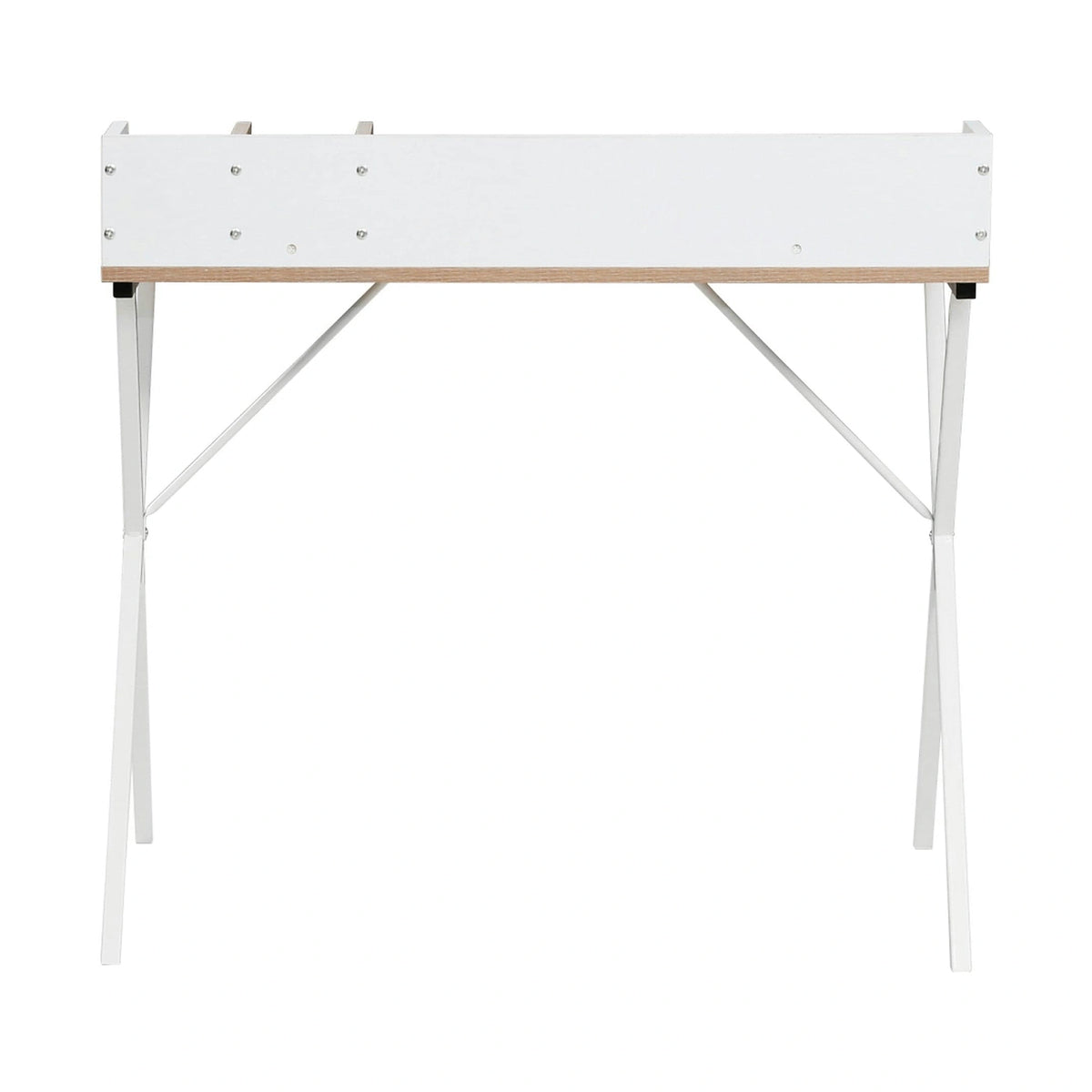 Masa birou PSALMO, alb/stejar, DTD laminat/metal, 90x50x85 cm