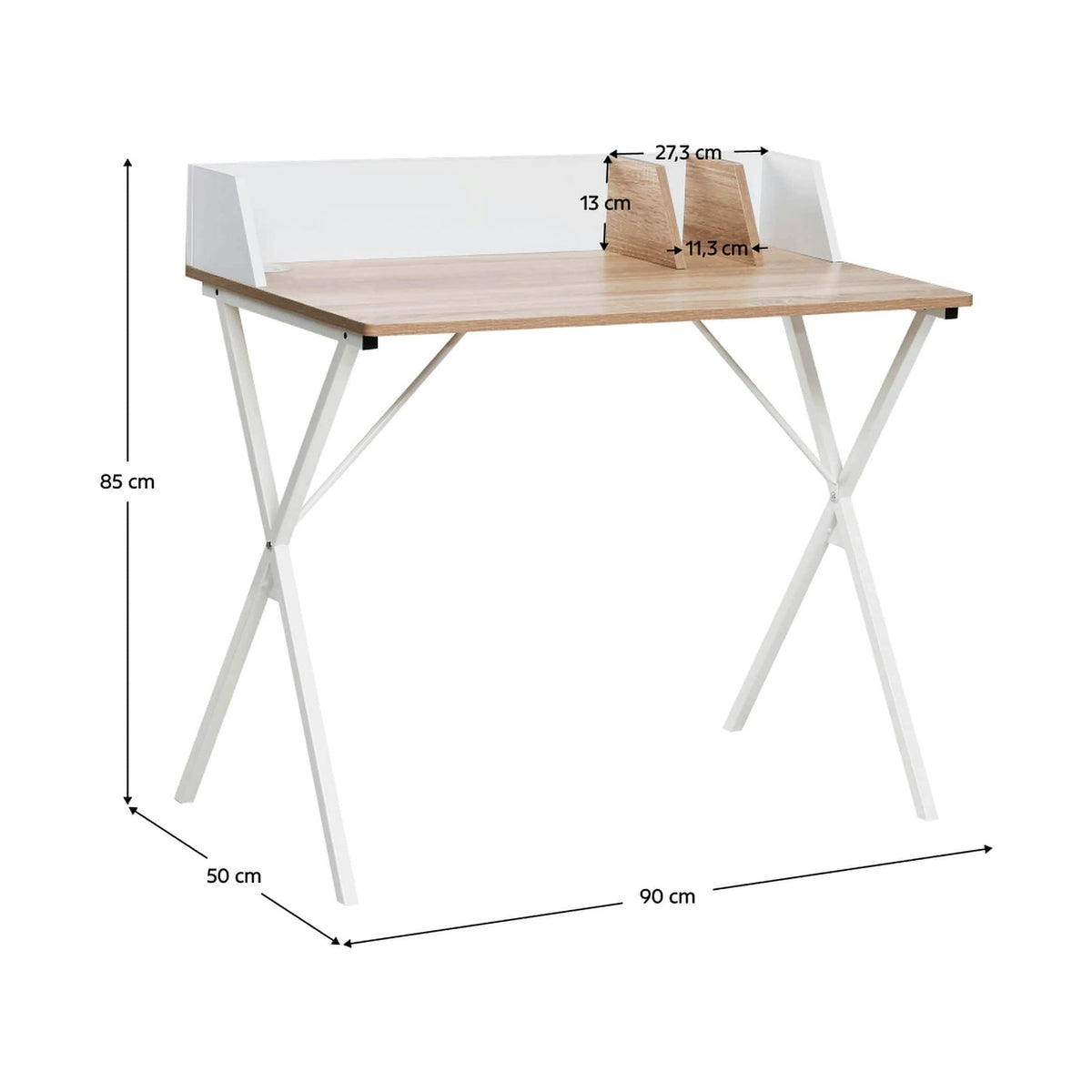 Masa birou PSALMO, alb/stejar, DTD laminat/metal, 90x50x85 cm