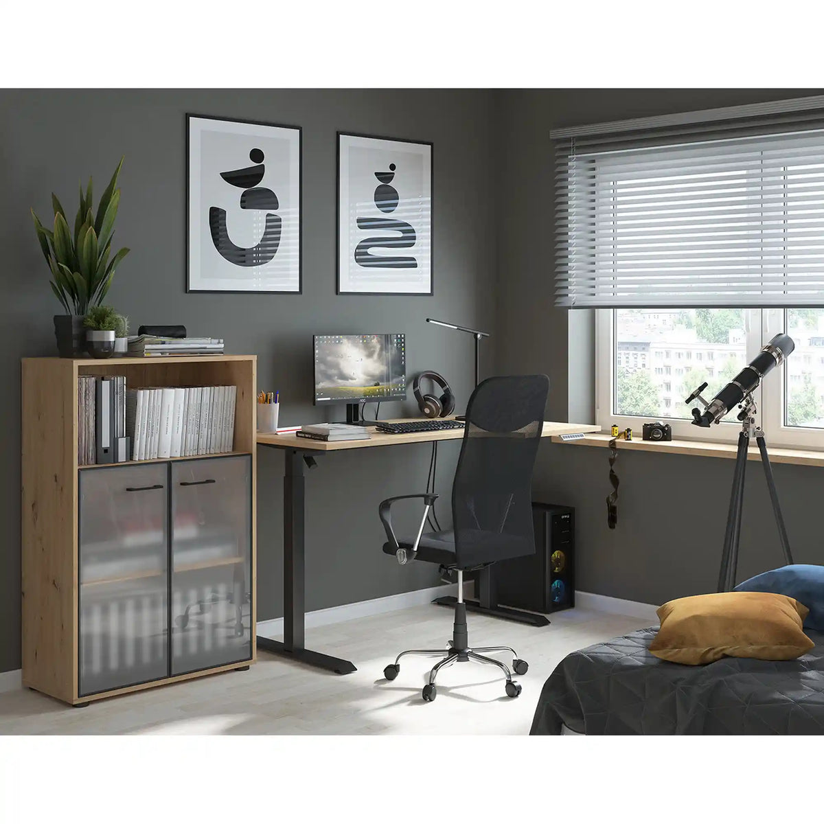 Masa birou SPACE OFFICE, stejar artisan/negru, PAL laminat/metal, pe stanga cu inaltime reglabila, 140x90x72-120 cm