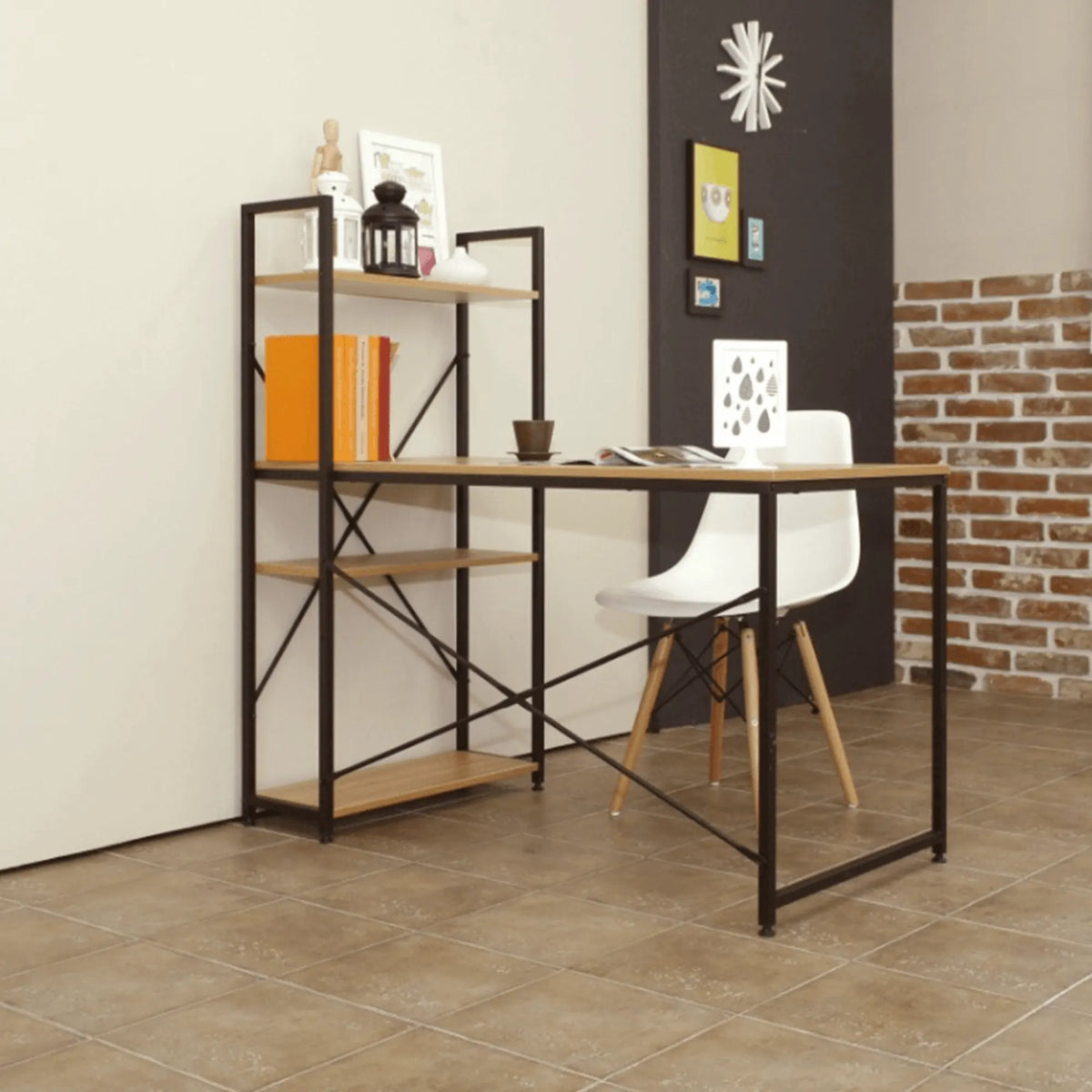 Masa birou VEINA, stejar/negru, PAL melaminat/metal, 120x60x72/122 cm
