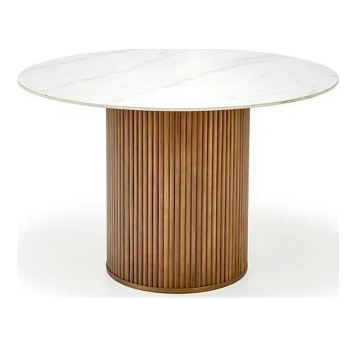 Masa BRUNO, alb cu efect de marmura/nuc, 120x120x76 cm