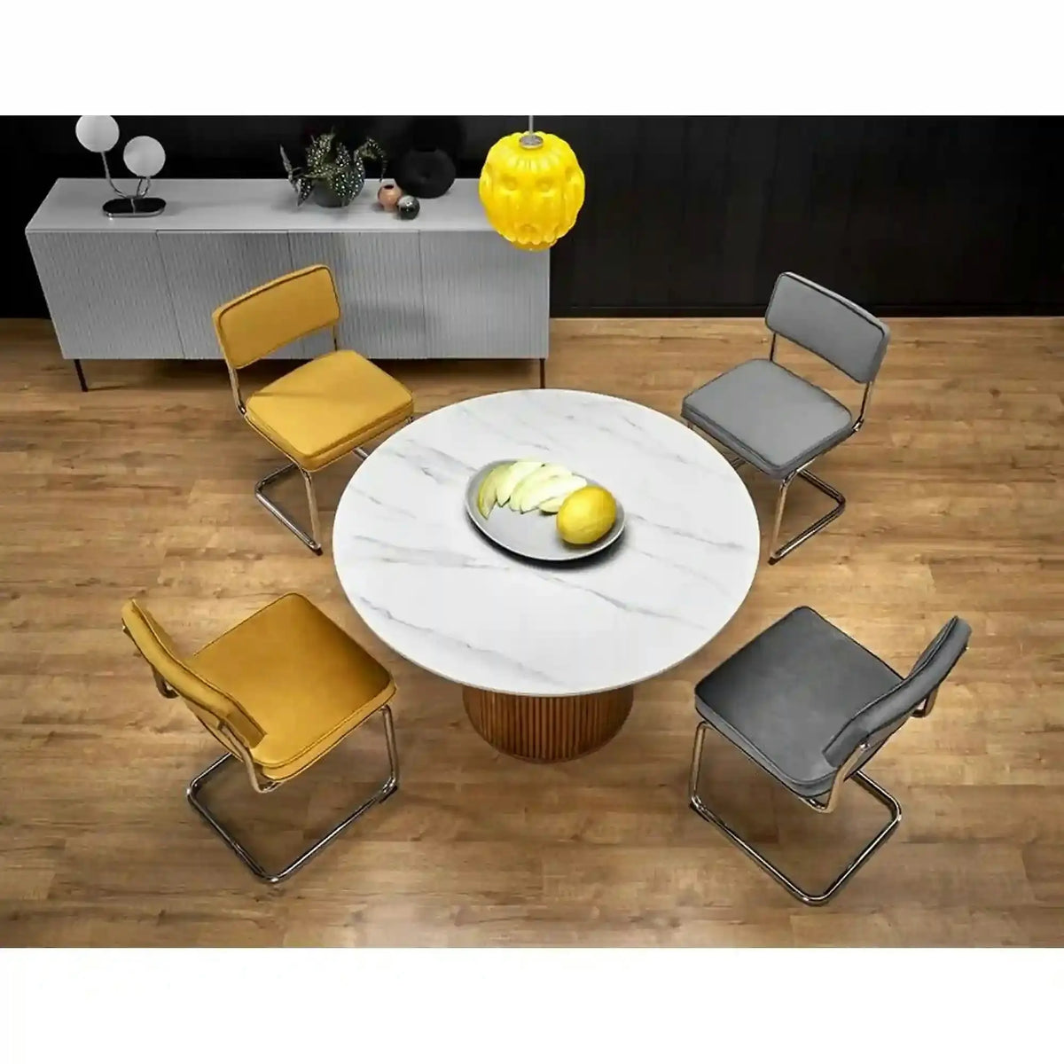 Masa BRUNO, alb cu efect de marmura/nuc, 120x120x76 cm