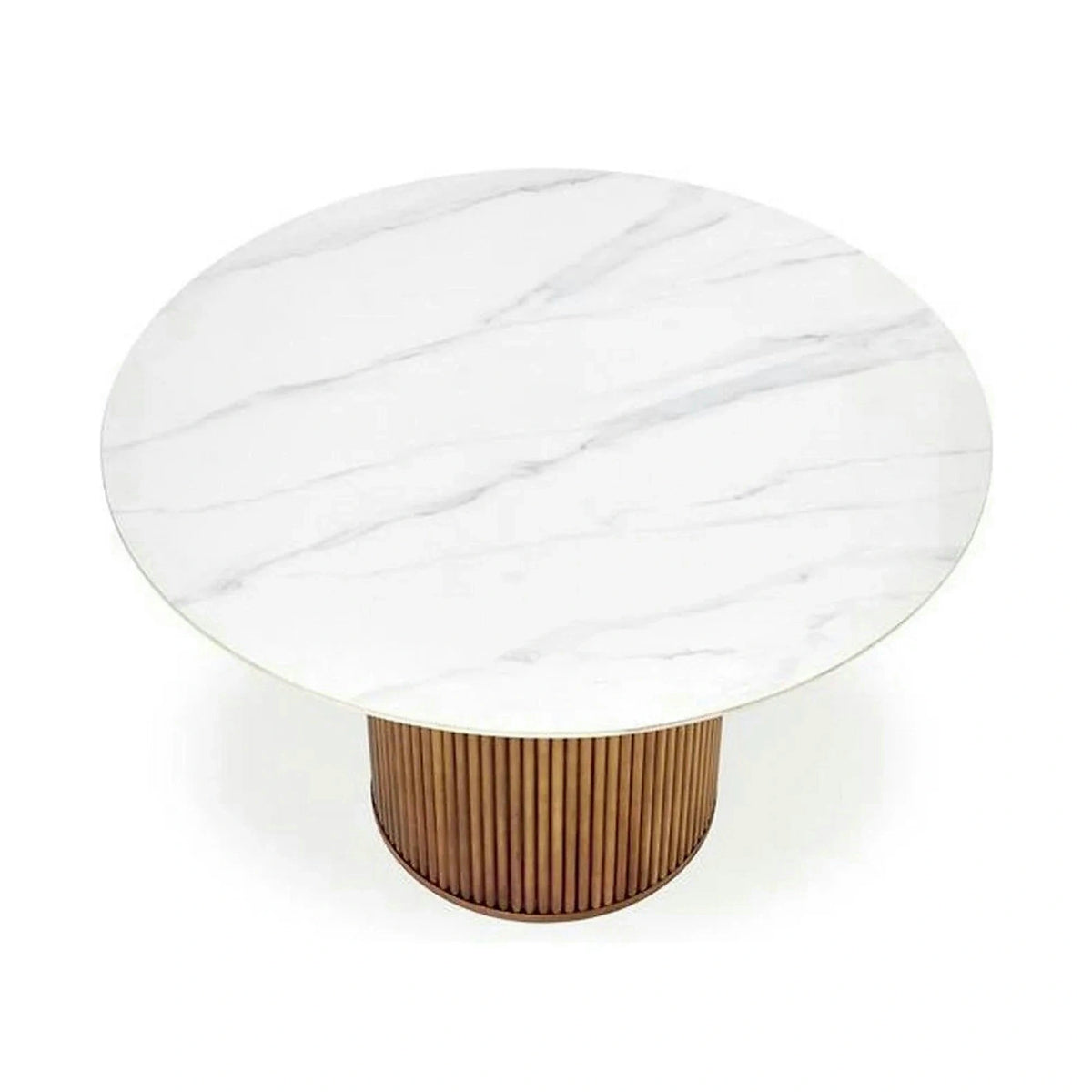 Masa BRUNO, alb cu efect de marmura/nuc, 120x120x76 cm