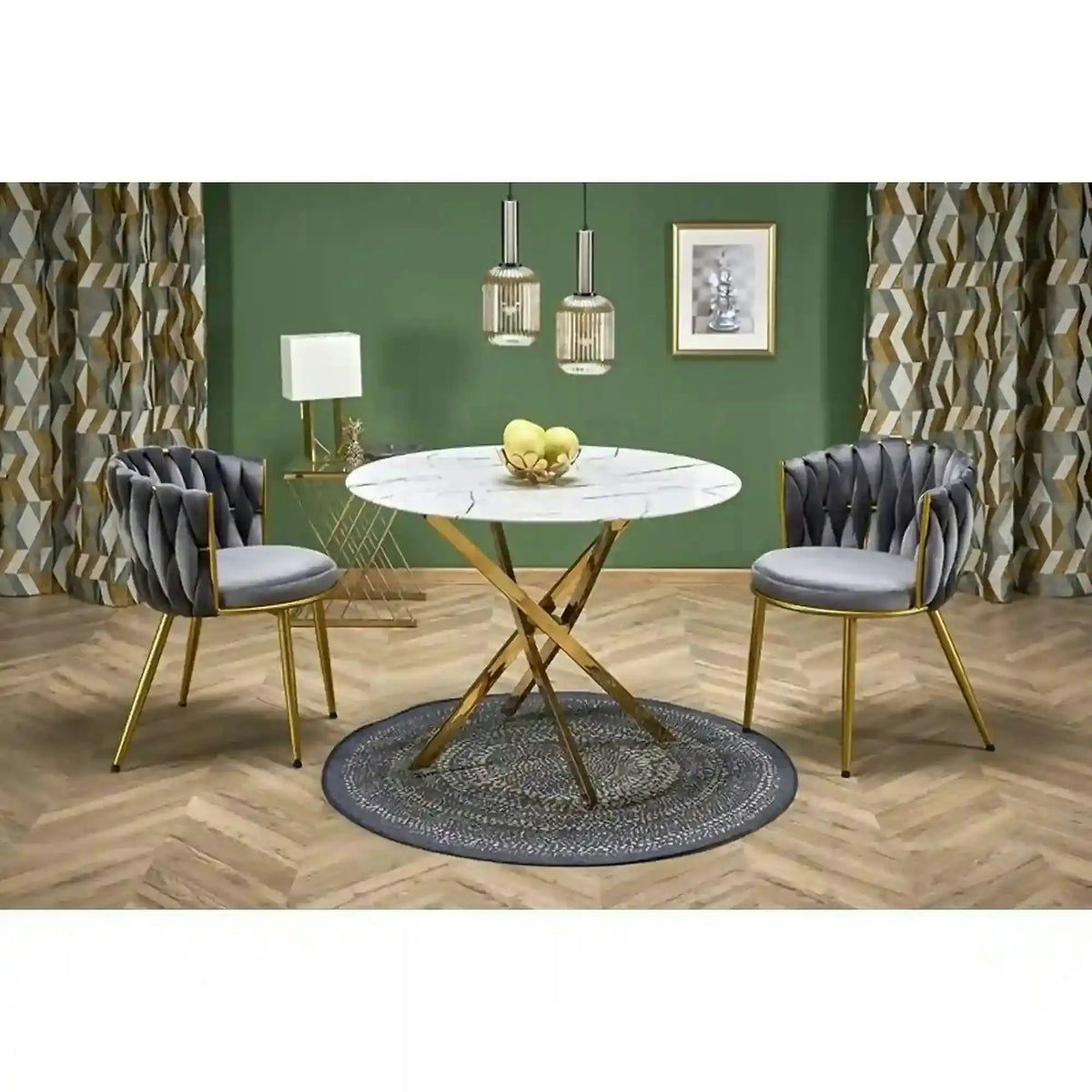 Masa bucatarie dimensiuni mici RAYMOND 2, alb/auriu, sticla/otel, 100x73 cm