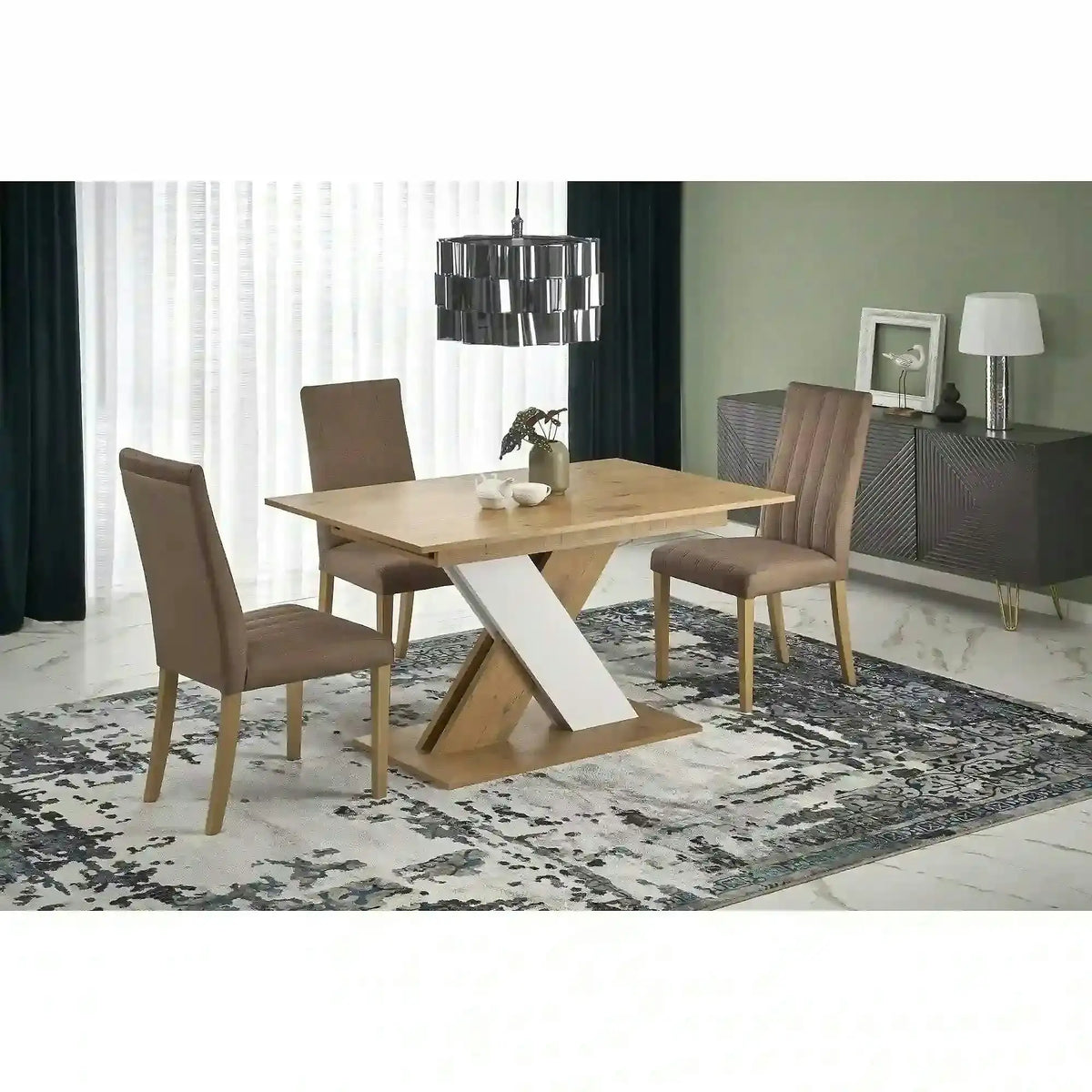 Masa bucatarie dreptunghiulara XARELTO, stejar/alb, PAL/furnir, 130/175x85x76 cm