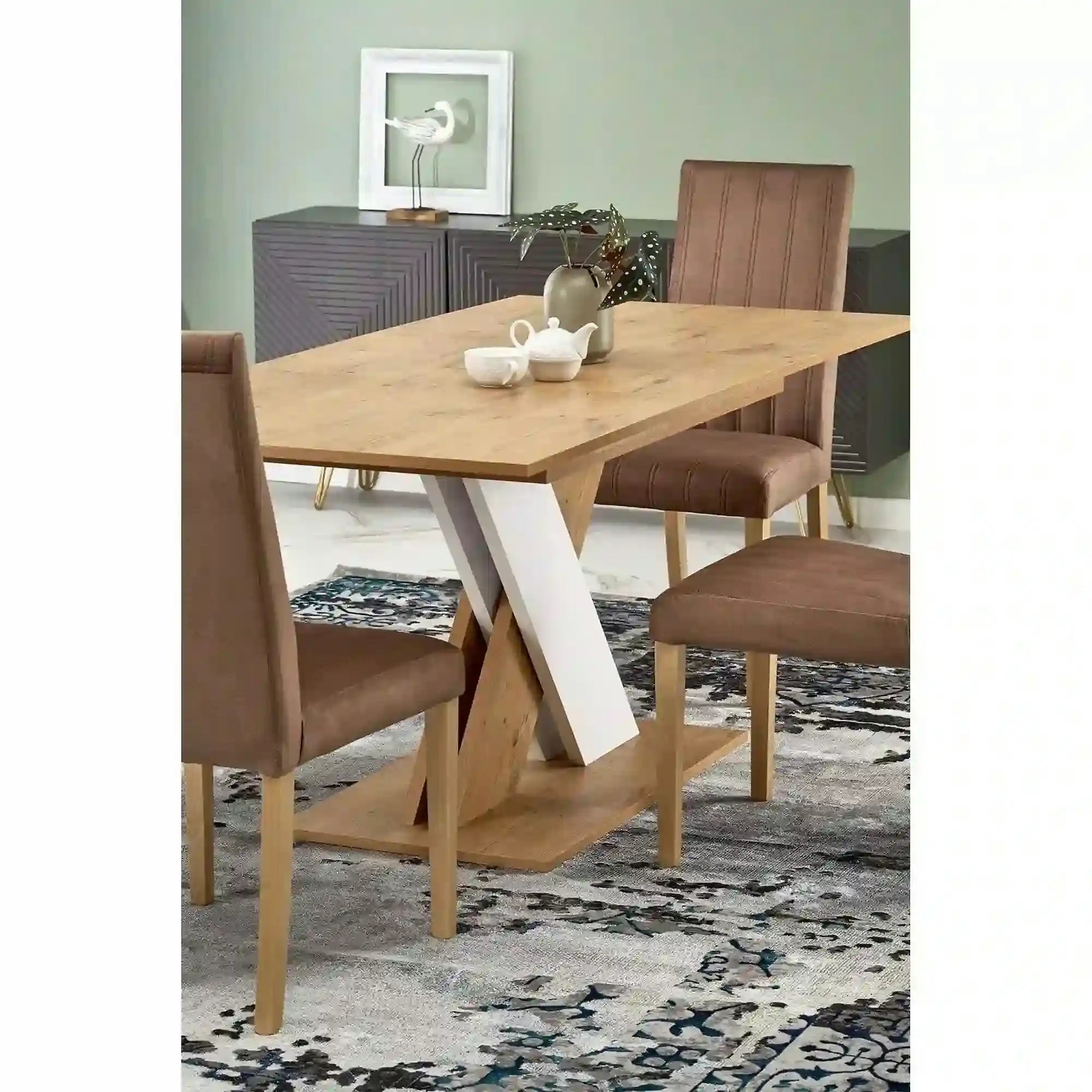 Masa bucatarie dreptunghiulara XARELTO, stejar/alb, PAL/furnir, 130/175x85x76 cm