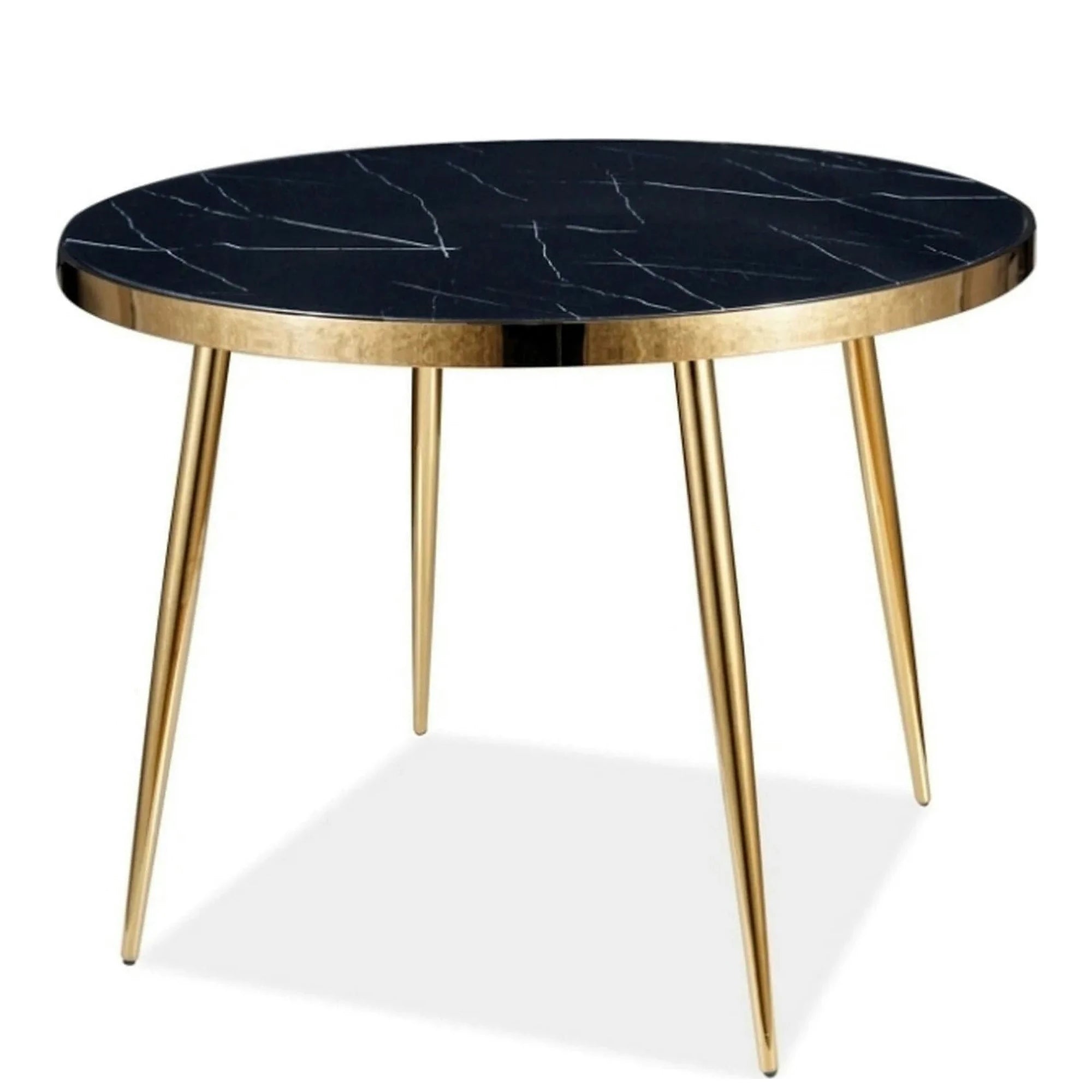 Masa CALVIN, negru cu efect de marmura/auriu, sticla securizata/metal, 100x100x75 cm