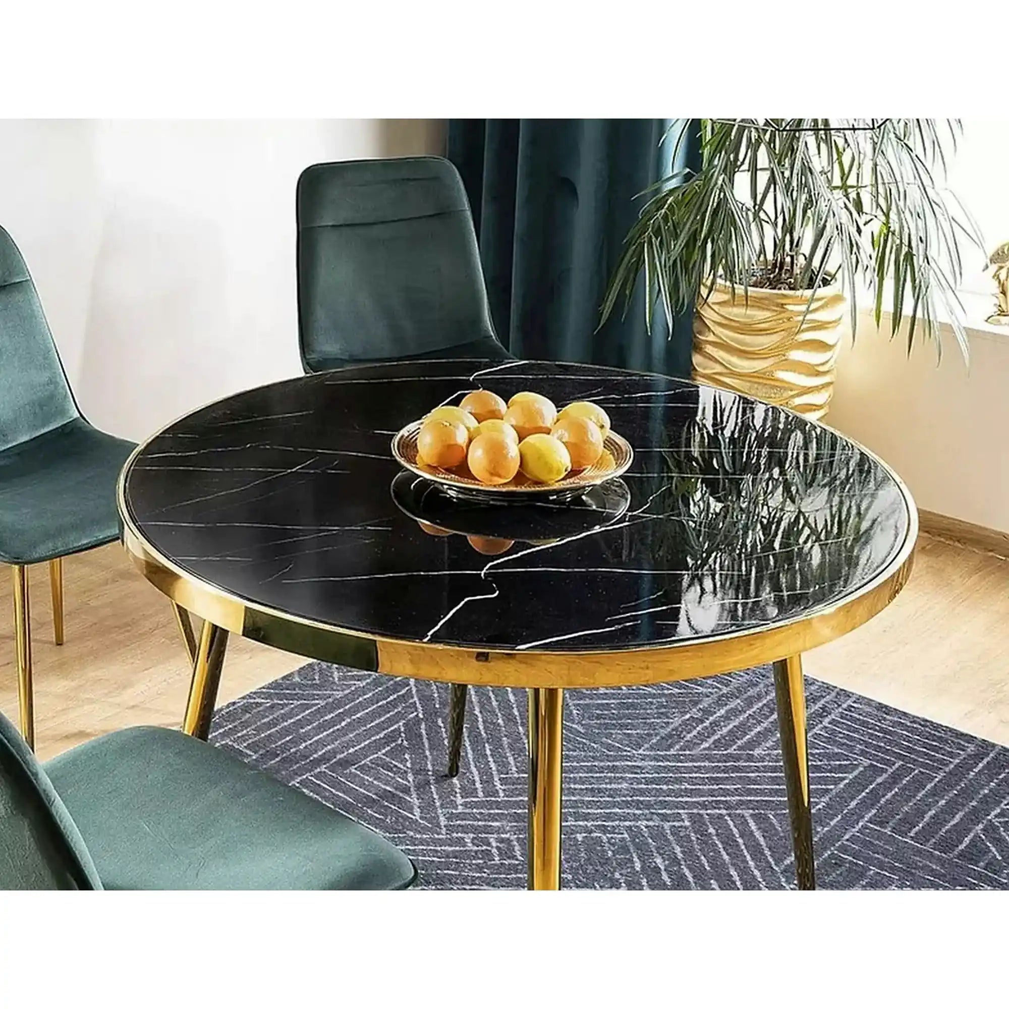 Masa CALVIN, negru cu efect de marmura/auriu, sticla securizata/metal, 100x100x75 cm