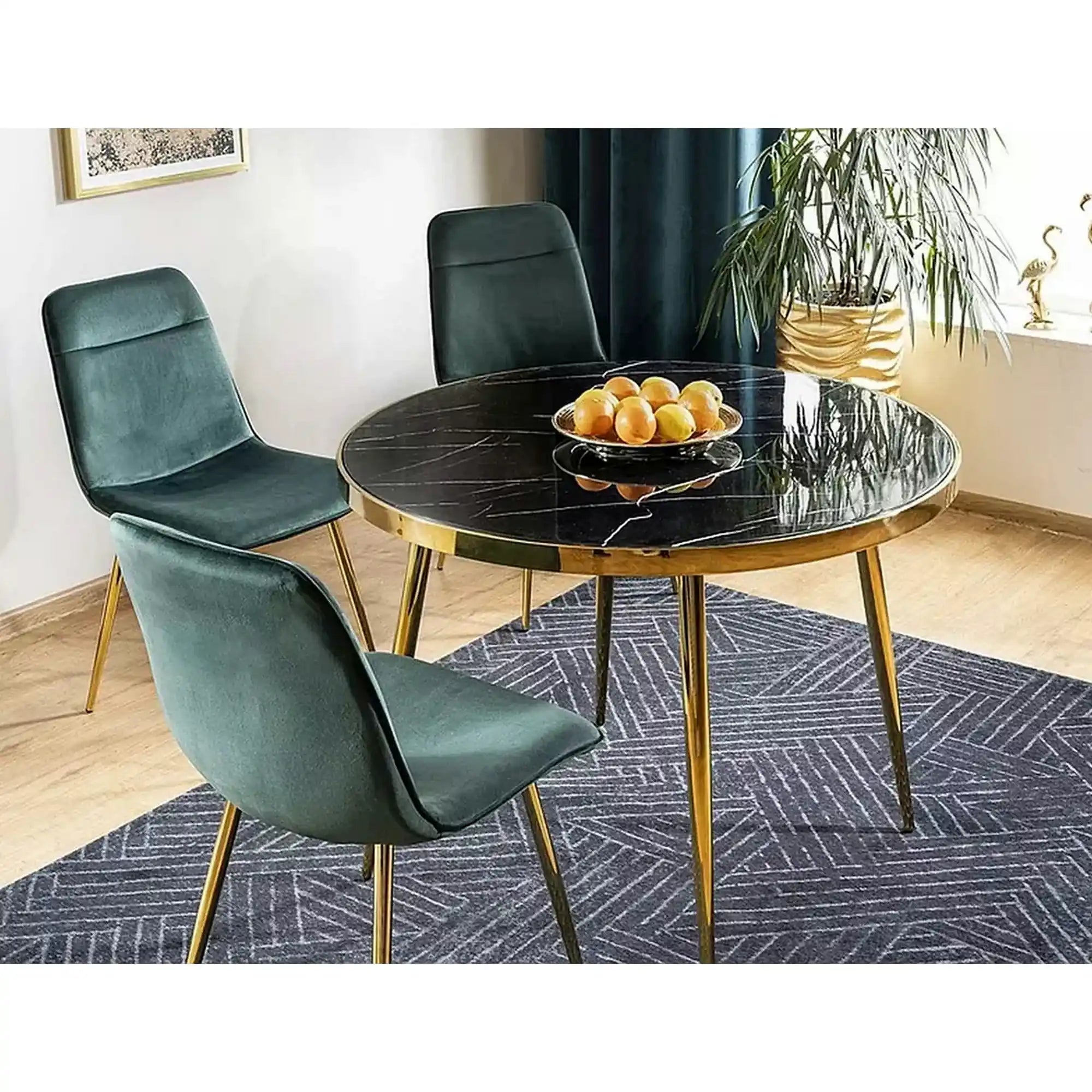 Masa CALVIN, negru cu efect de marmura/auriu, sticla securizata/metal, 100x100x75 cm