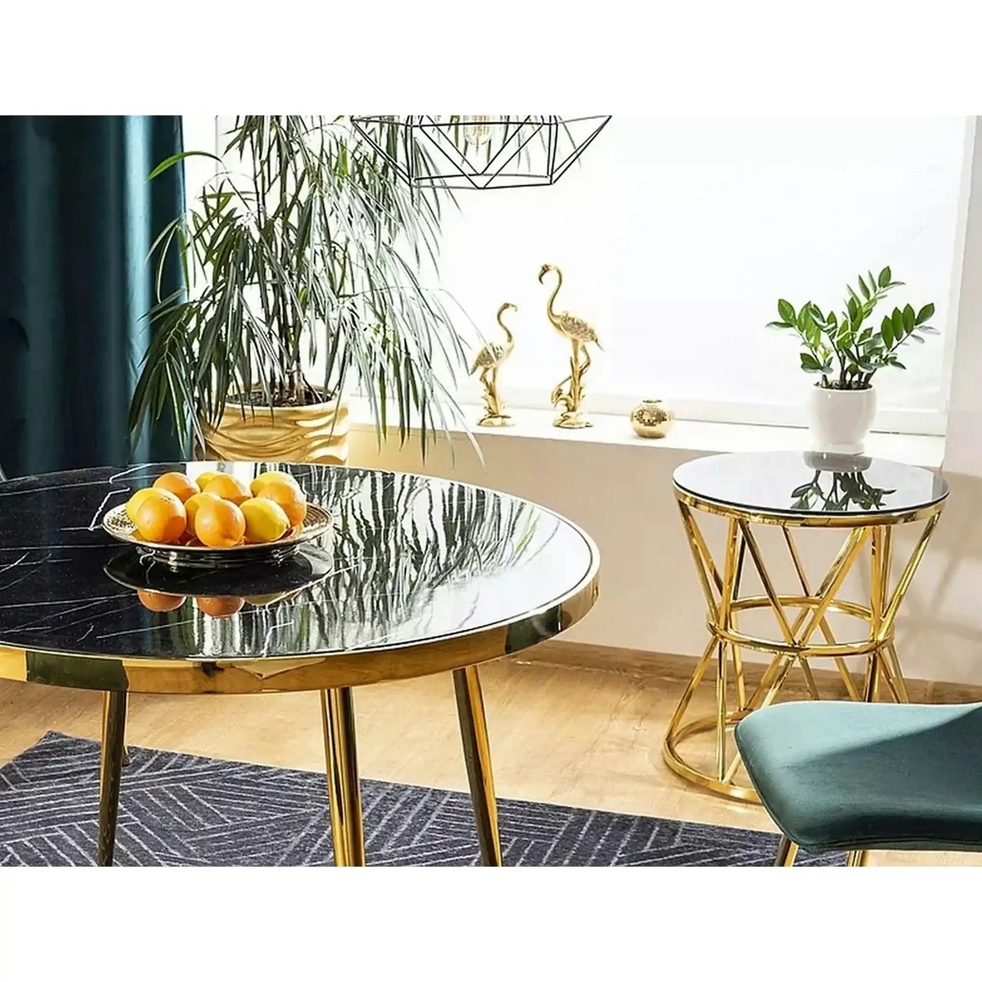Masa CALVIN, negru cu efect de marmura/auriu, sticla securizata/metal, 100x100x75 cm