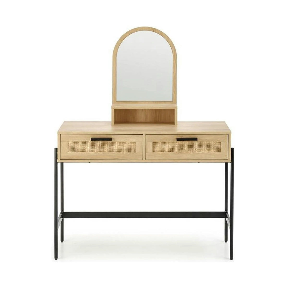 Masa de toaleta CARMEN, stejar natural/negru, PAL melaminat/rattan, cu oglinda, 104x35x136 cm