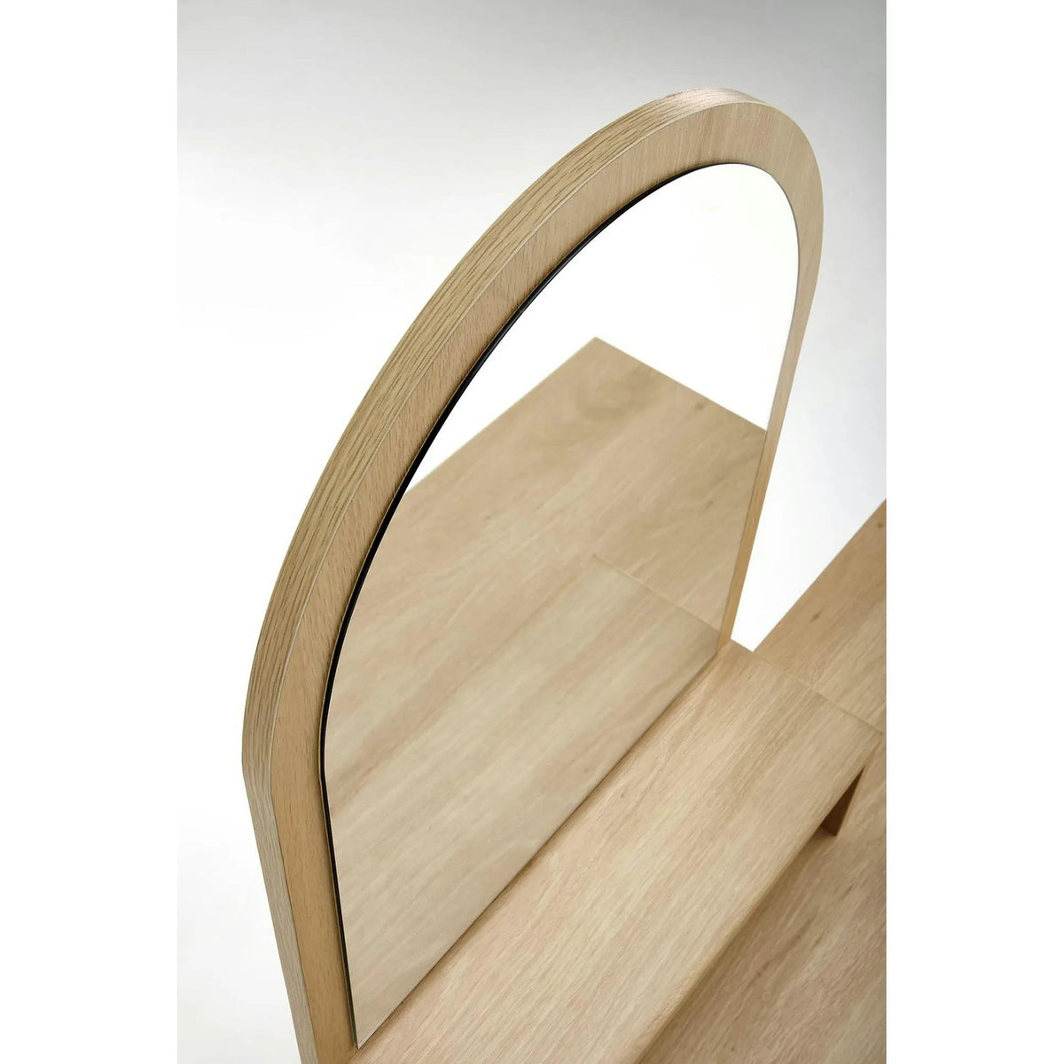 Masa de toaleta CARMEN, stejar natural/negru, PAL melaminat/rattan, cu oglinda, 104x35x136 cm
