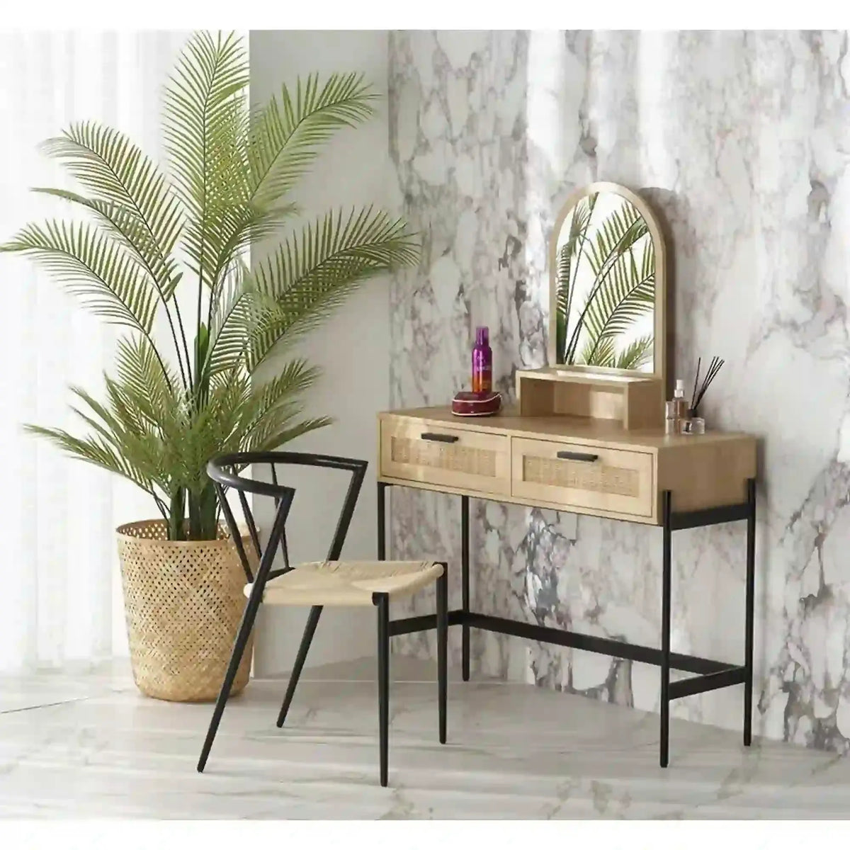Masa de toaleta CARMEN, stejar natural/negru, PAL melaminat/rattan, cu oglinda, 104x35x136 cm