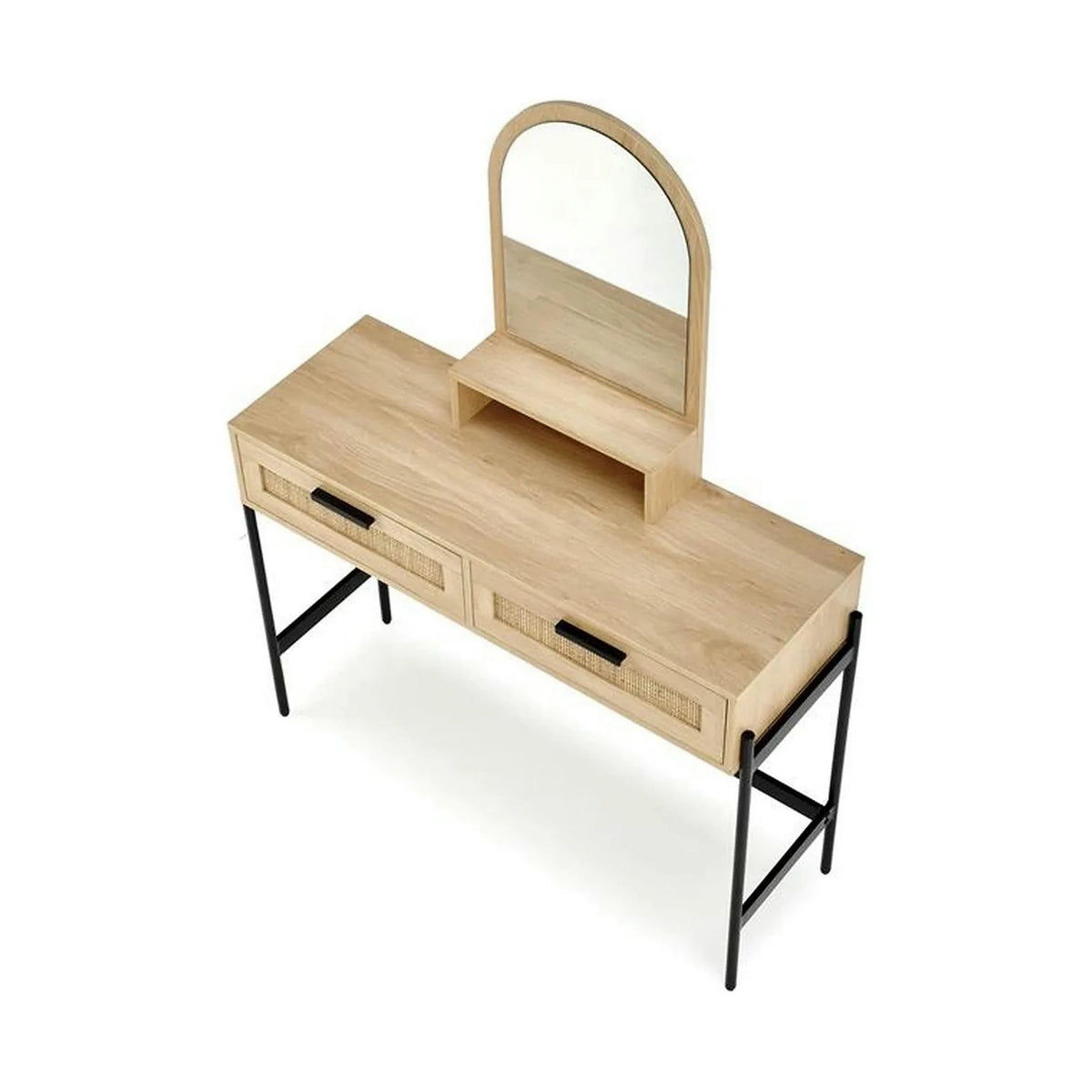 Masa de toaleta CARMEN, stejar natural/negru, PAL melaminat/rattan, cu oglinda, 104x35x136 cm