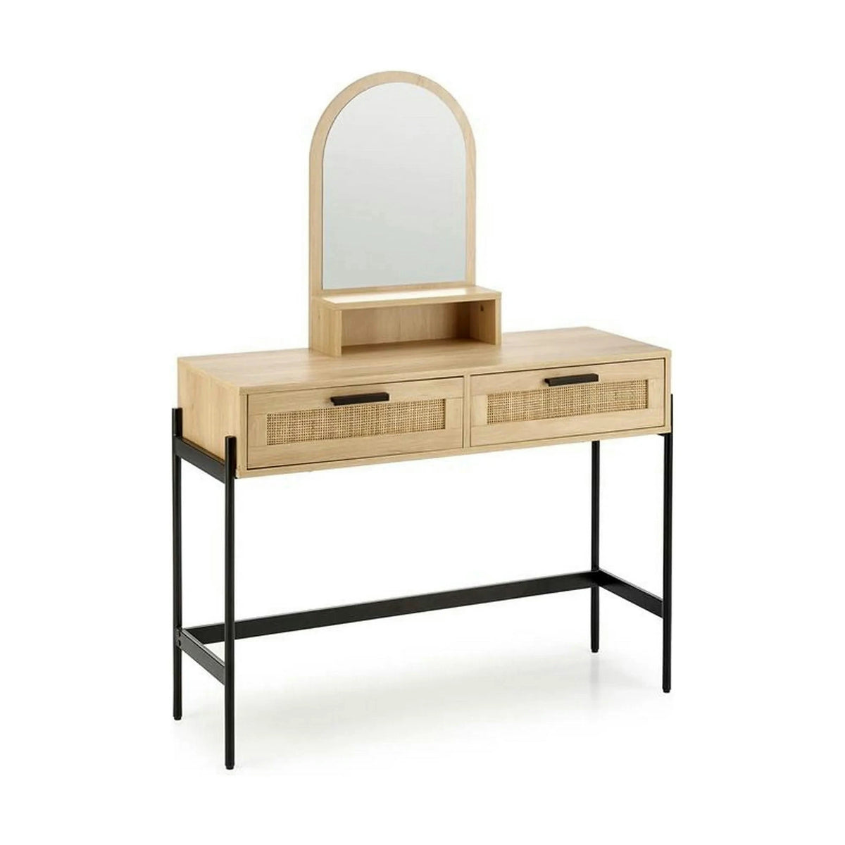 Masa de toaleta CARMEN, stejar natural/negru, PAL melaminat/rattan, cu oglinda, 104x35x136 cm